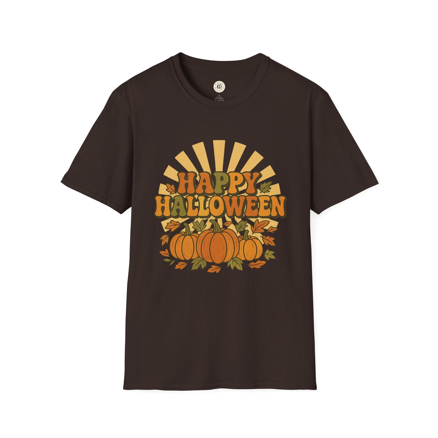 Printify Happy Halloween t-shirt with vintage pumpkin and leaf design on black tee