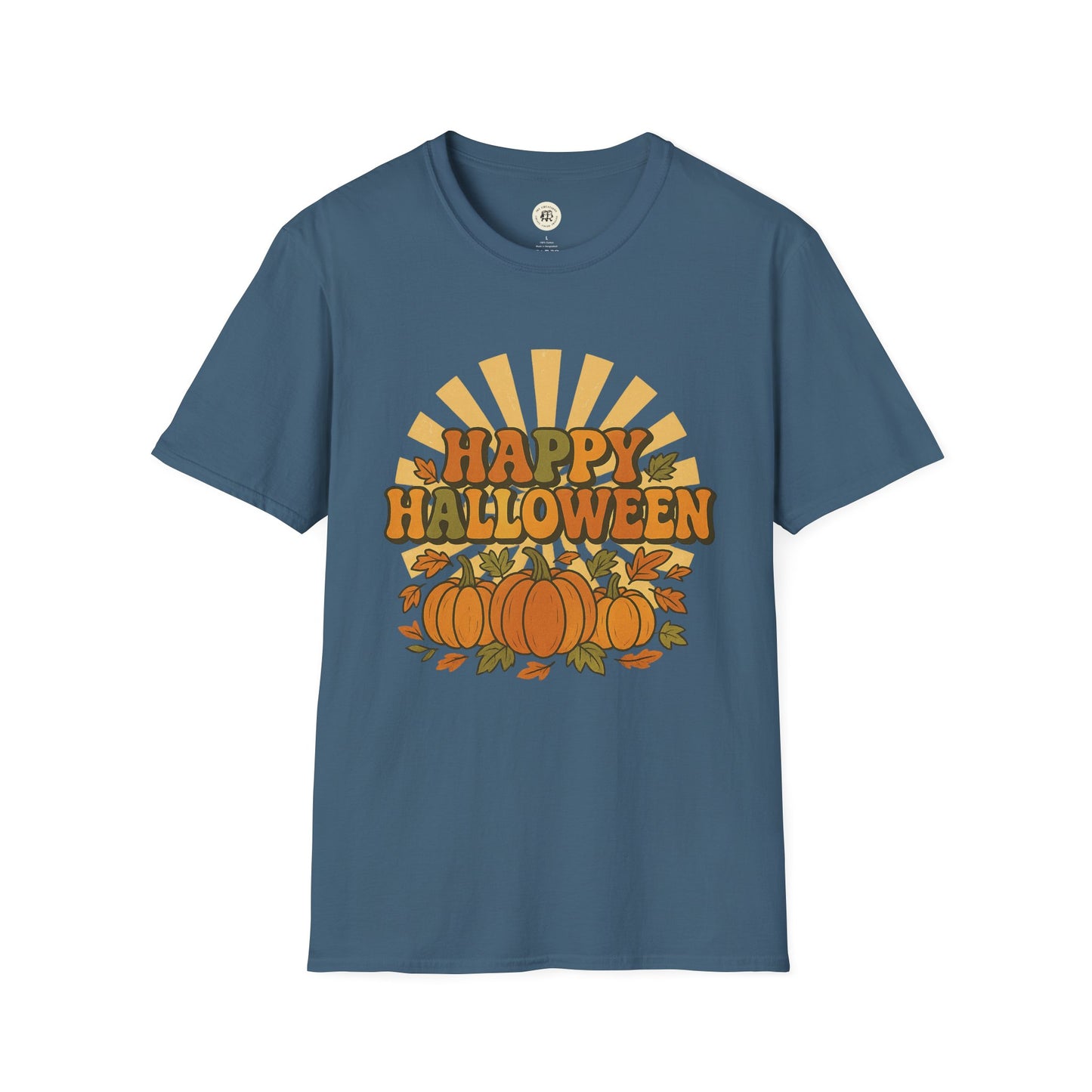 Printify Happy Halloween t-shirt with orange pumpkins and sunburst design on blue fabric