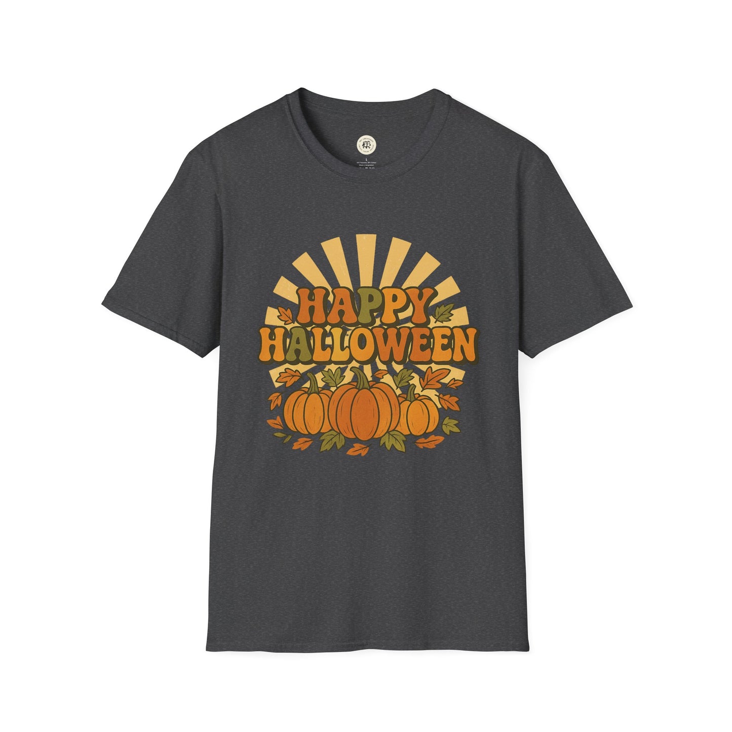 Printify black Happy Halloween t-shirt with orange pumpkins and autumn leaves graphic design