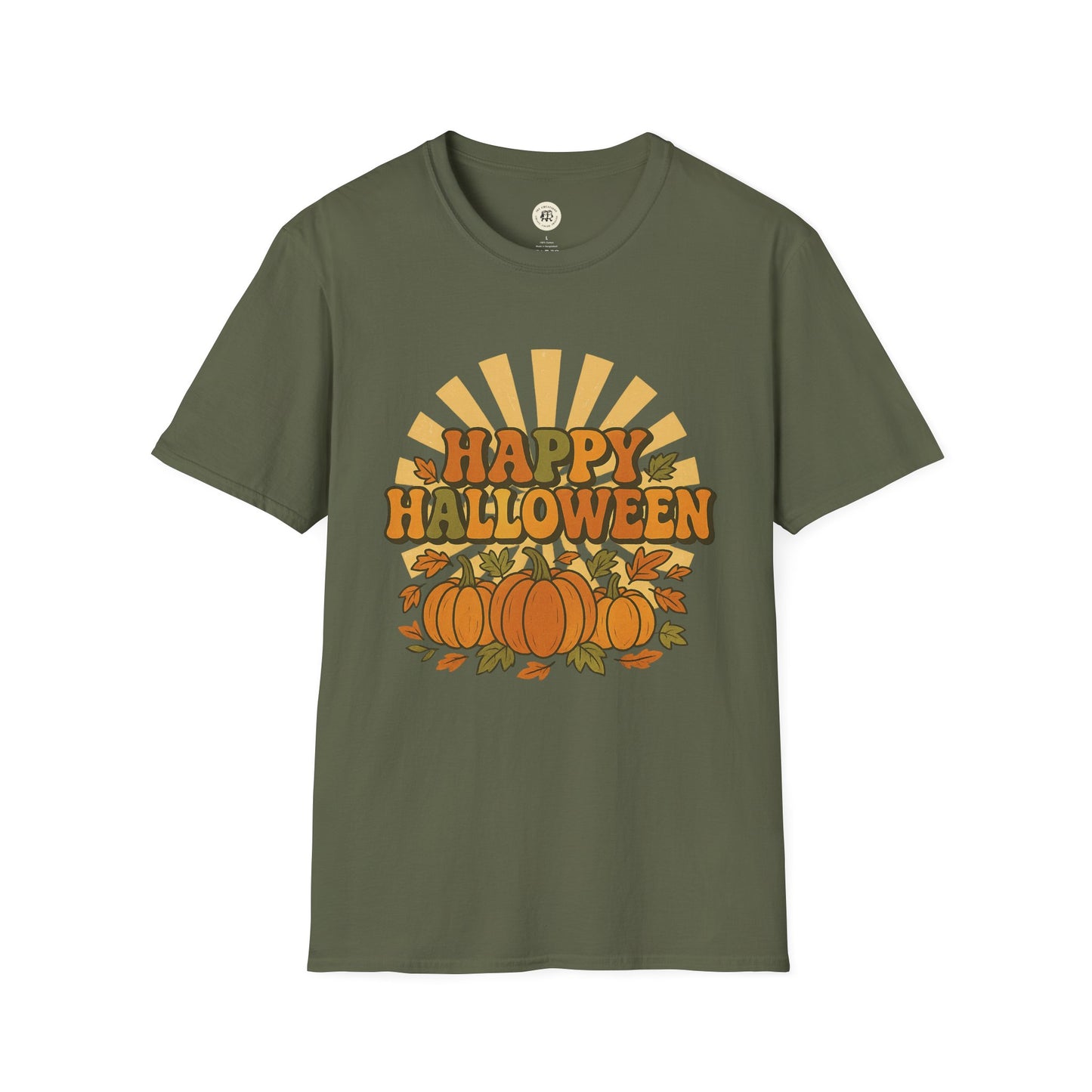 Printify olive green Happy Halloween t-shirt with pumpkins and autumn leaves graphic
