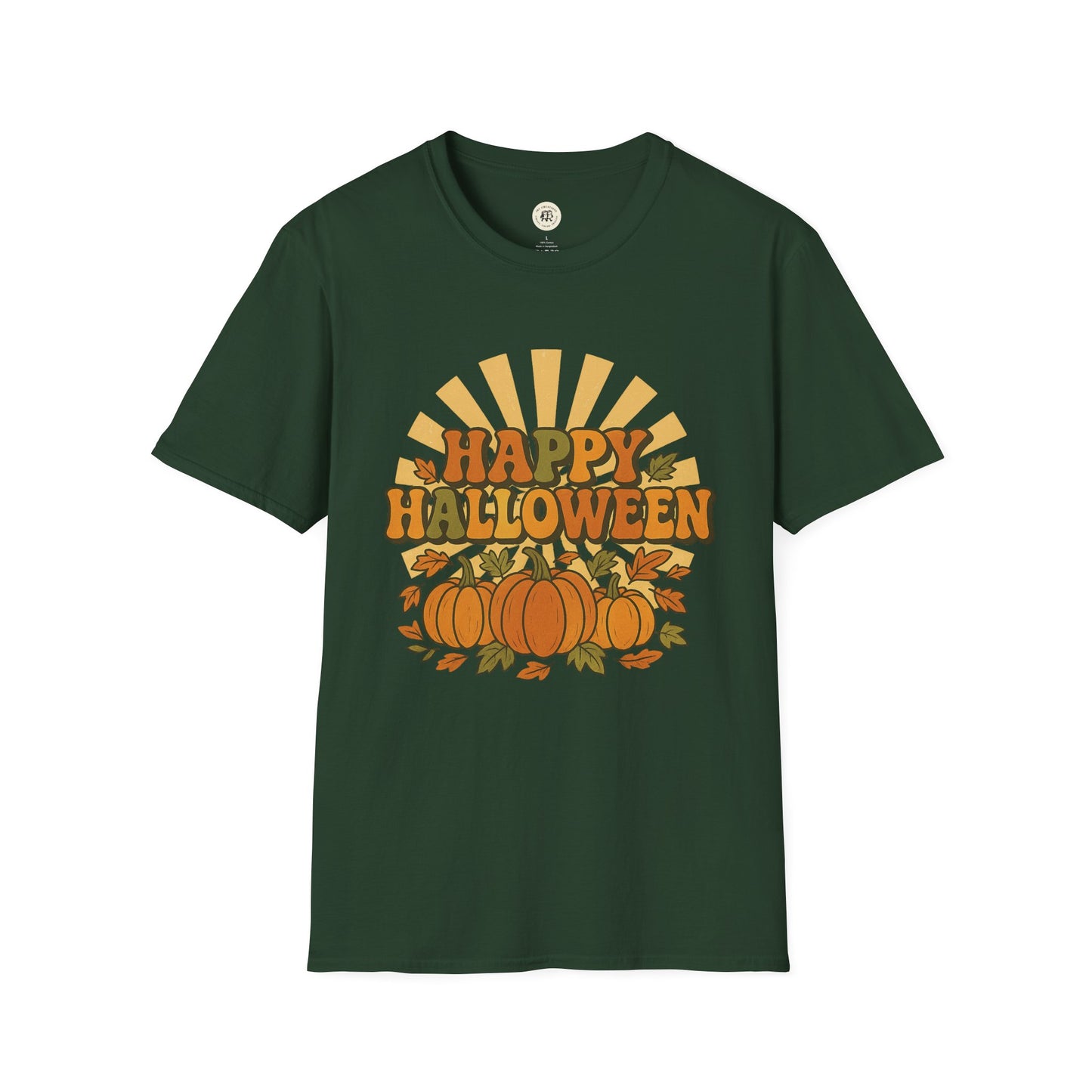 Printify green Happy Halloween t-shirt with orange pumpkins and autumn leaves graphic design