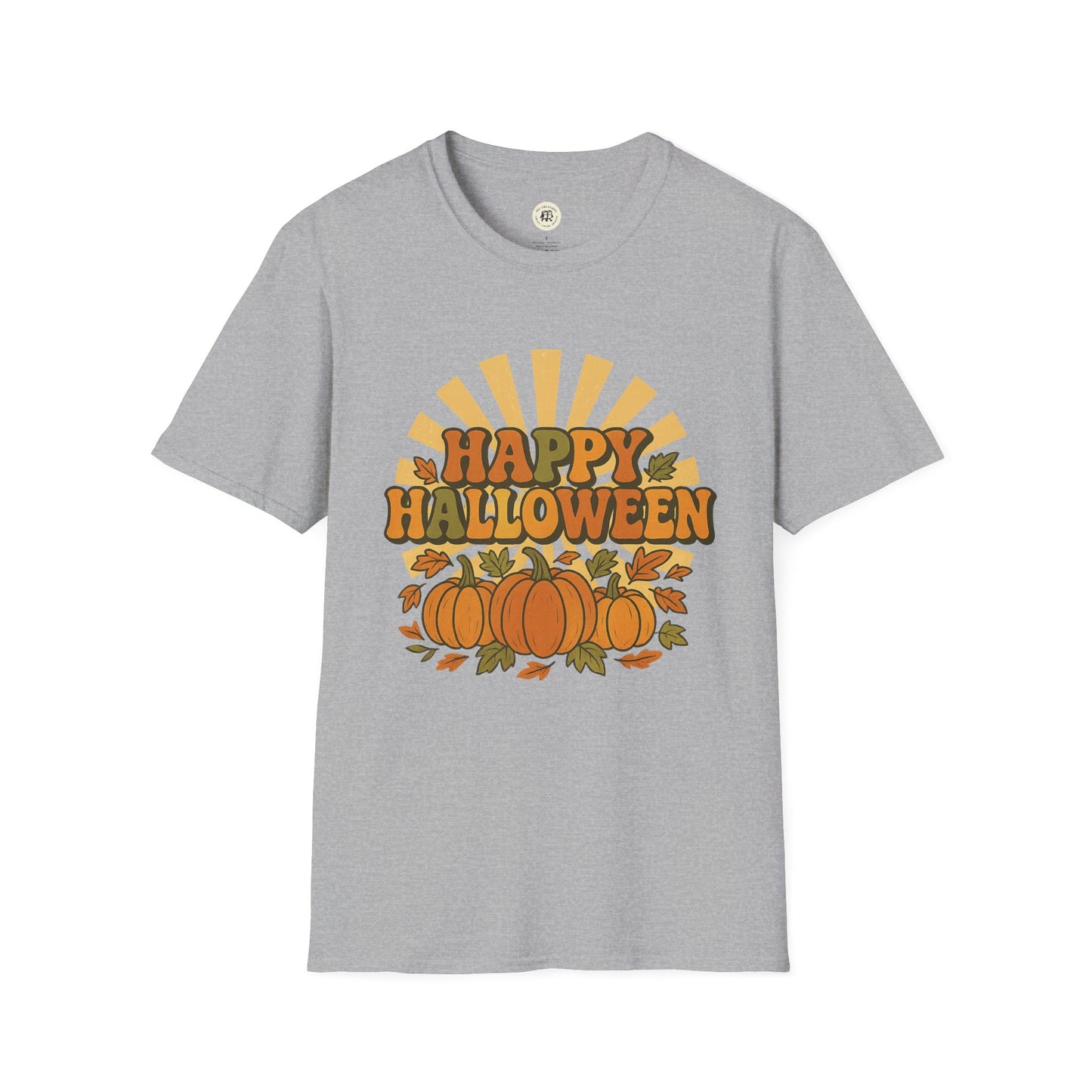 Gray Printify Happy Halloween t-shirt with pumpkin and leaf design on front