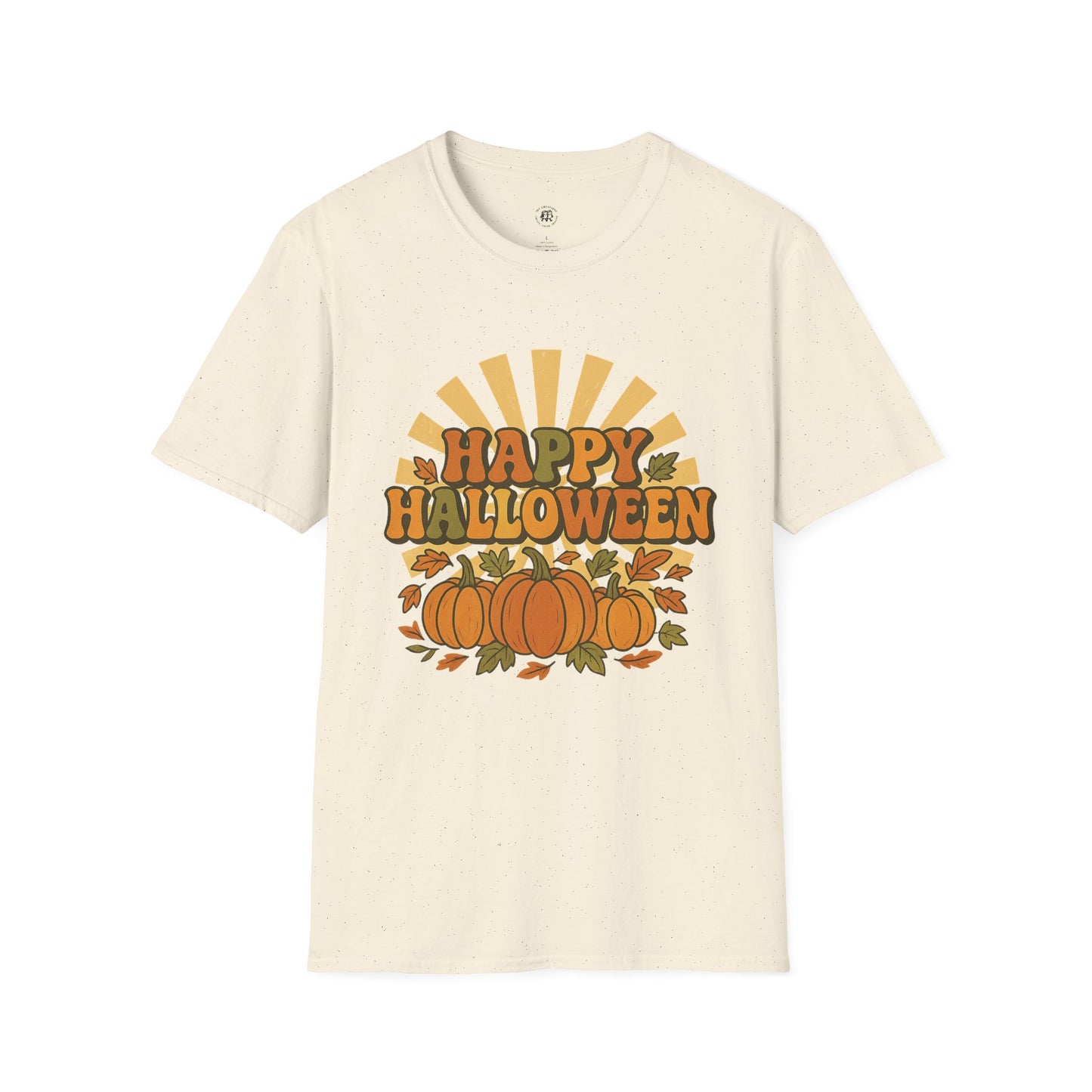 Printify Happy Halloween t-shirt with pumpkins and autumn leaves on cream background