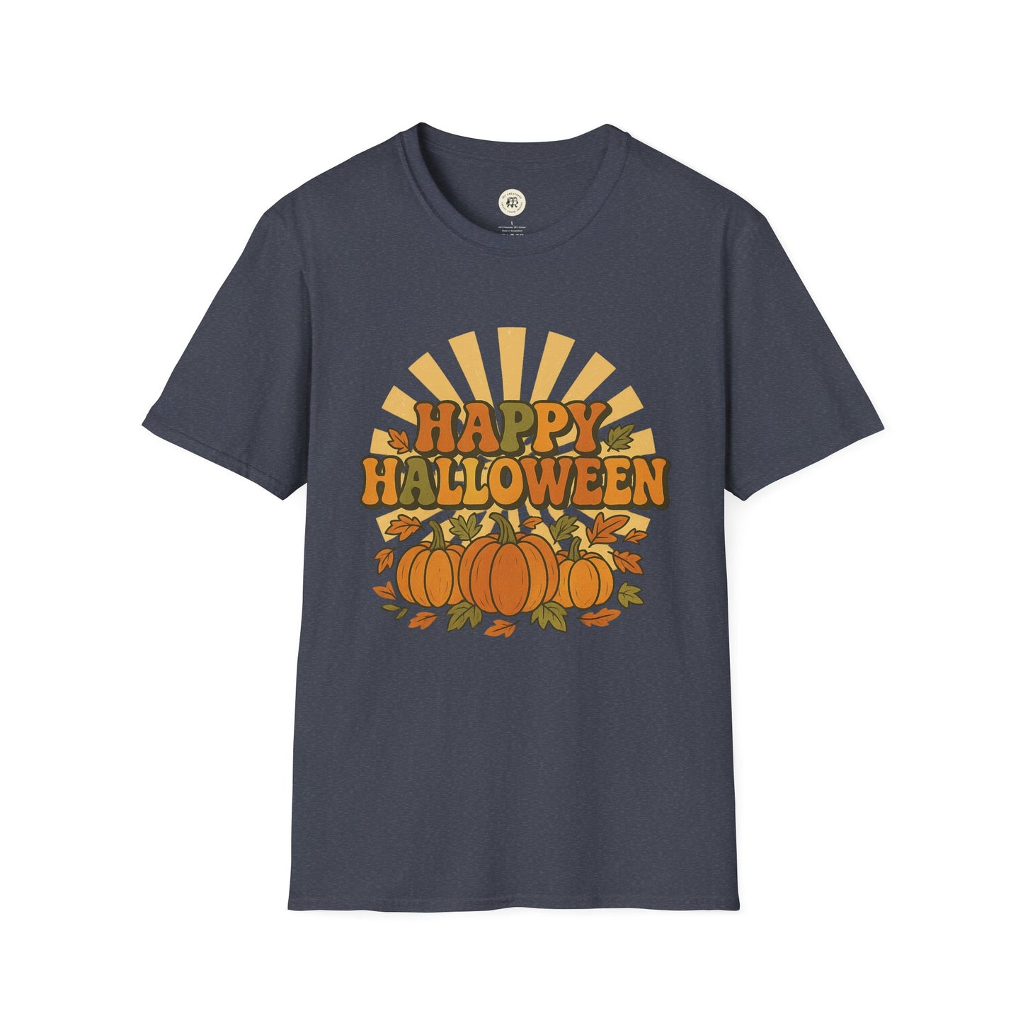 Printify Happy Halloween t-shirt with pumpkins and autumn leaves on dark gray fabric