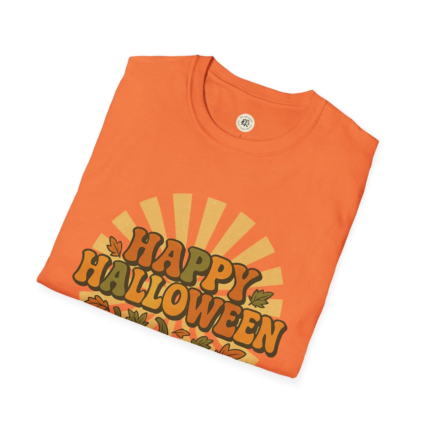 Orange Printify Happy Halloween t-shirt with retro sunburst and leaf design folded neatly