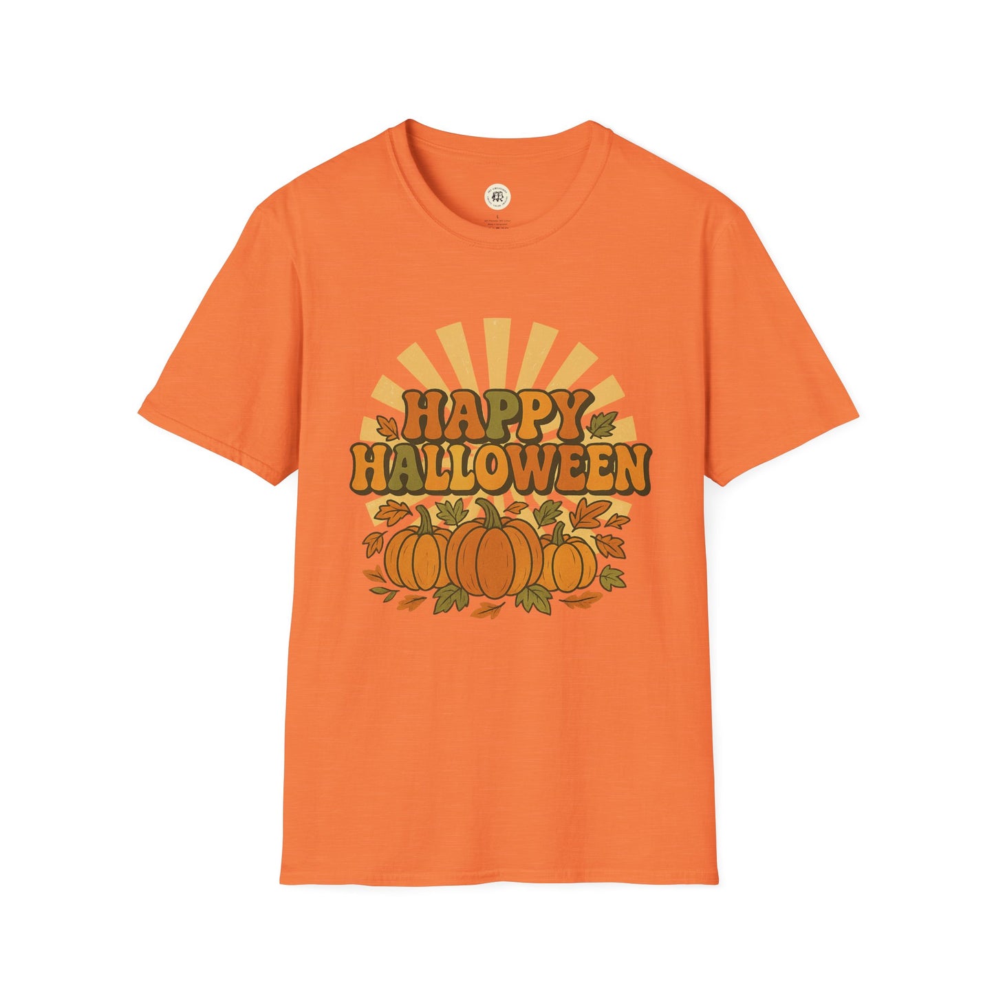 Orange Printify T-Shirt with Happy Halloween t-shirt design featuring pumpkins and autumn leaves