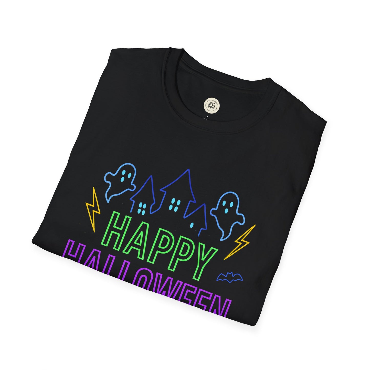 Printify black Happy Halloween t-shirt unisex with neon ghosts haunted house and lightning design