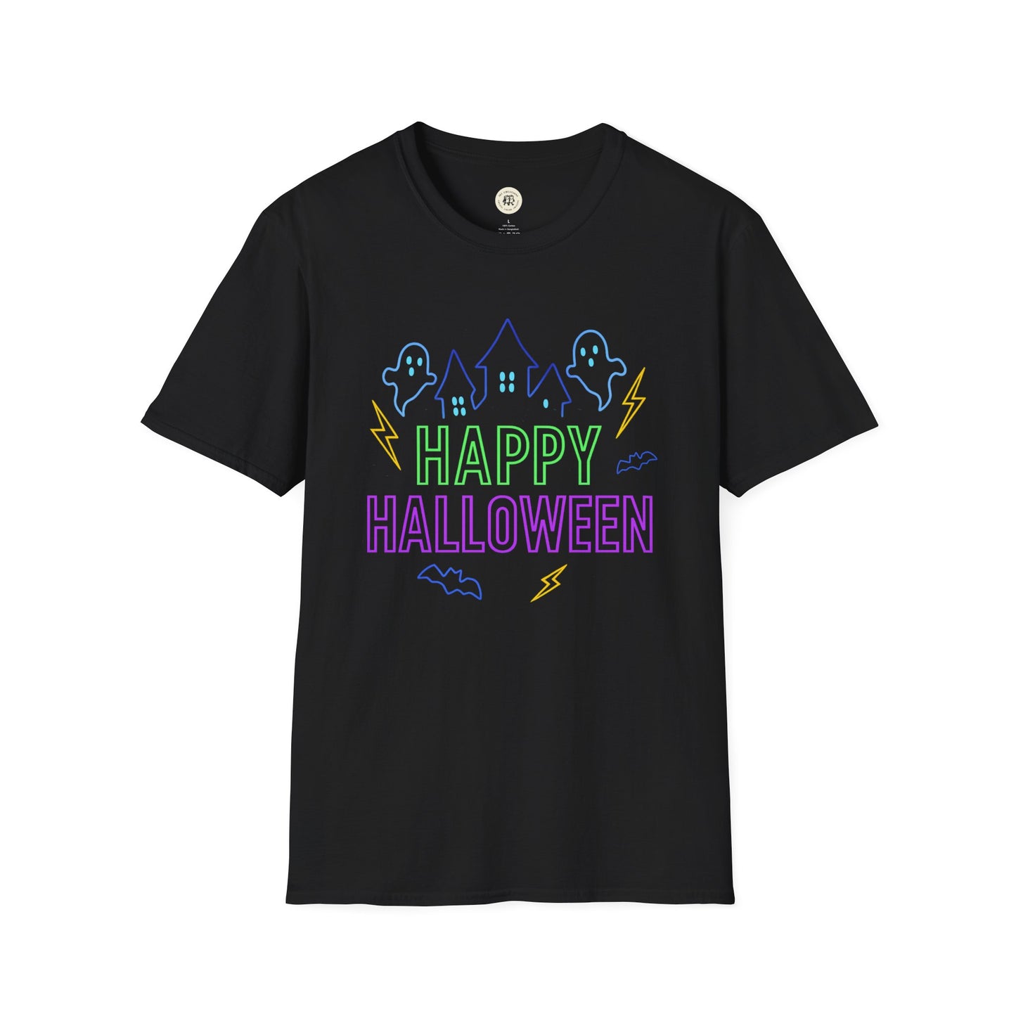 Black Happy Halloween t-shirt unisex with colorful ghost and haunted house design by Printify