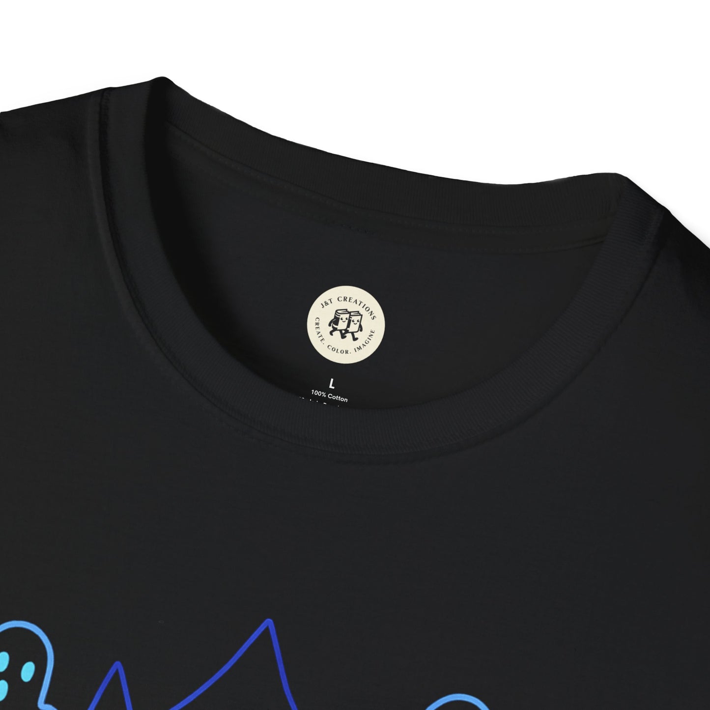 Close up of Printify black Happy Halloween t-shirt unisex with ghost and cat design