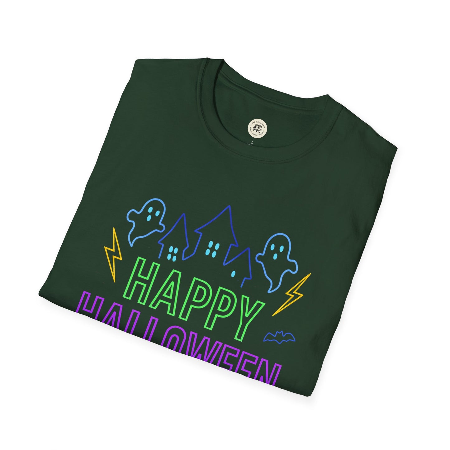 Happy Halloween t-shirt unisex with ghost and haunted house graphic in bright colors