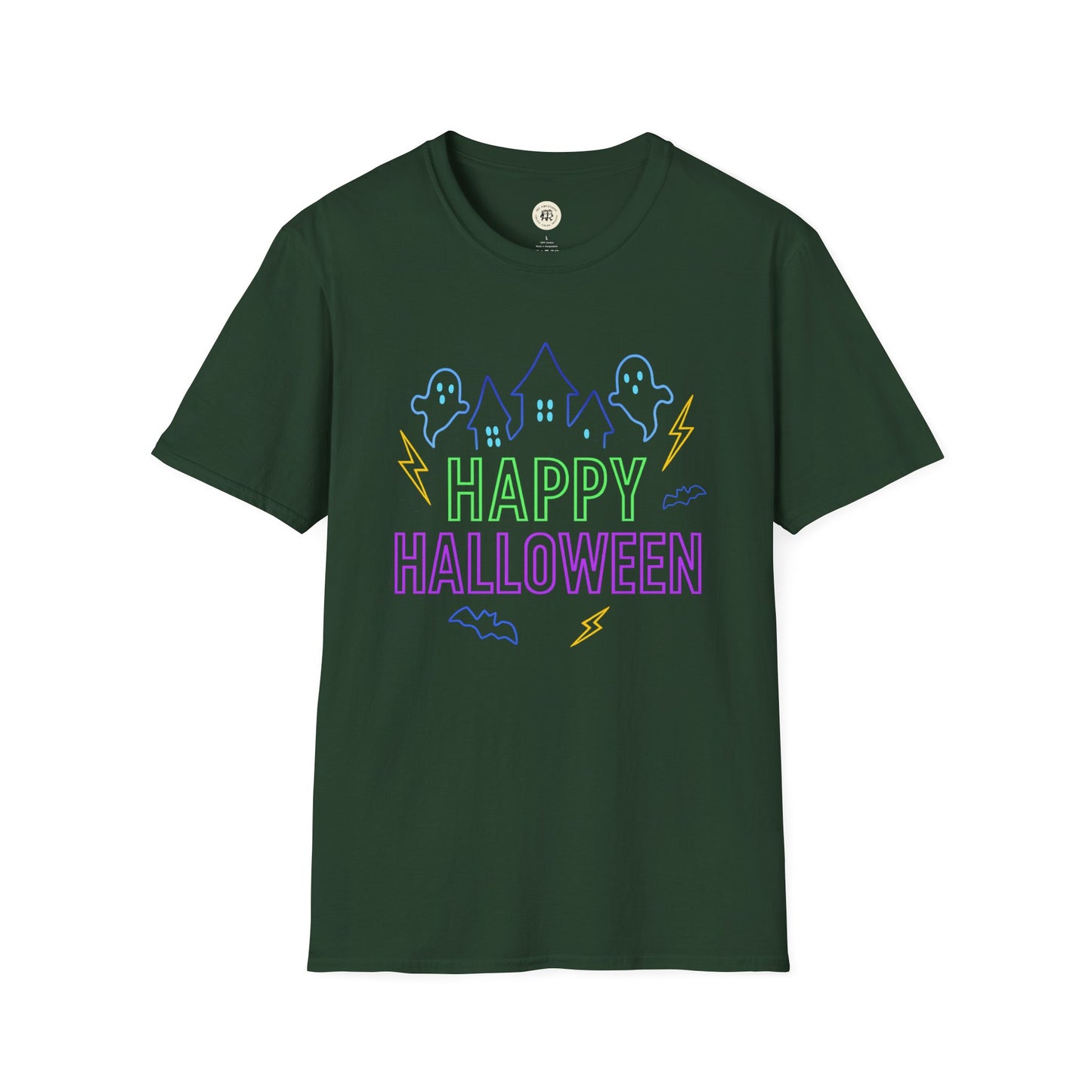 Green unisex Happy Halloween t-shirt with ghost, haunted house, and lightning design by Printify
