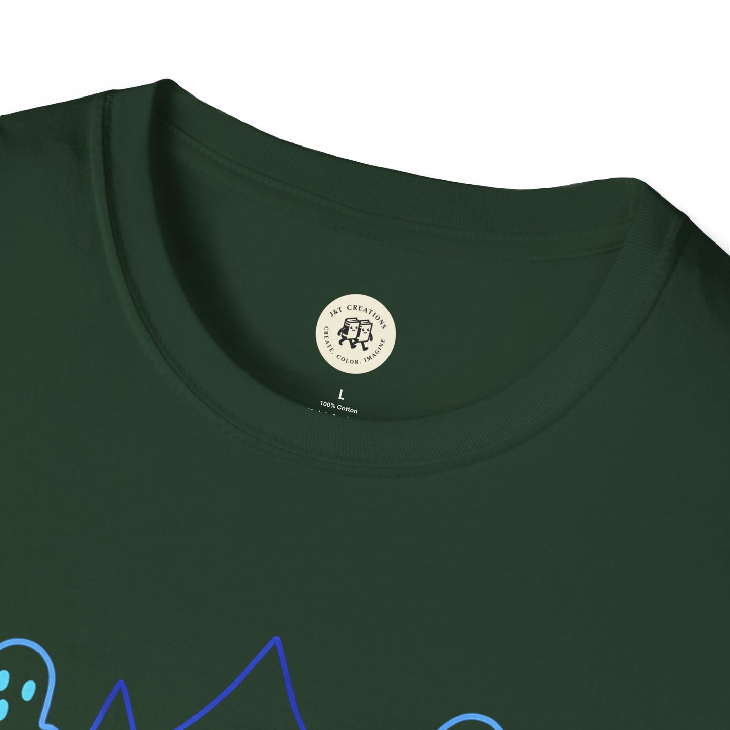 Close-up of green Printify Happy Halloween t-shirt unisex showing collar and part of graphic design