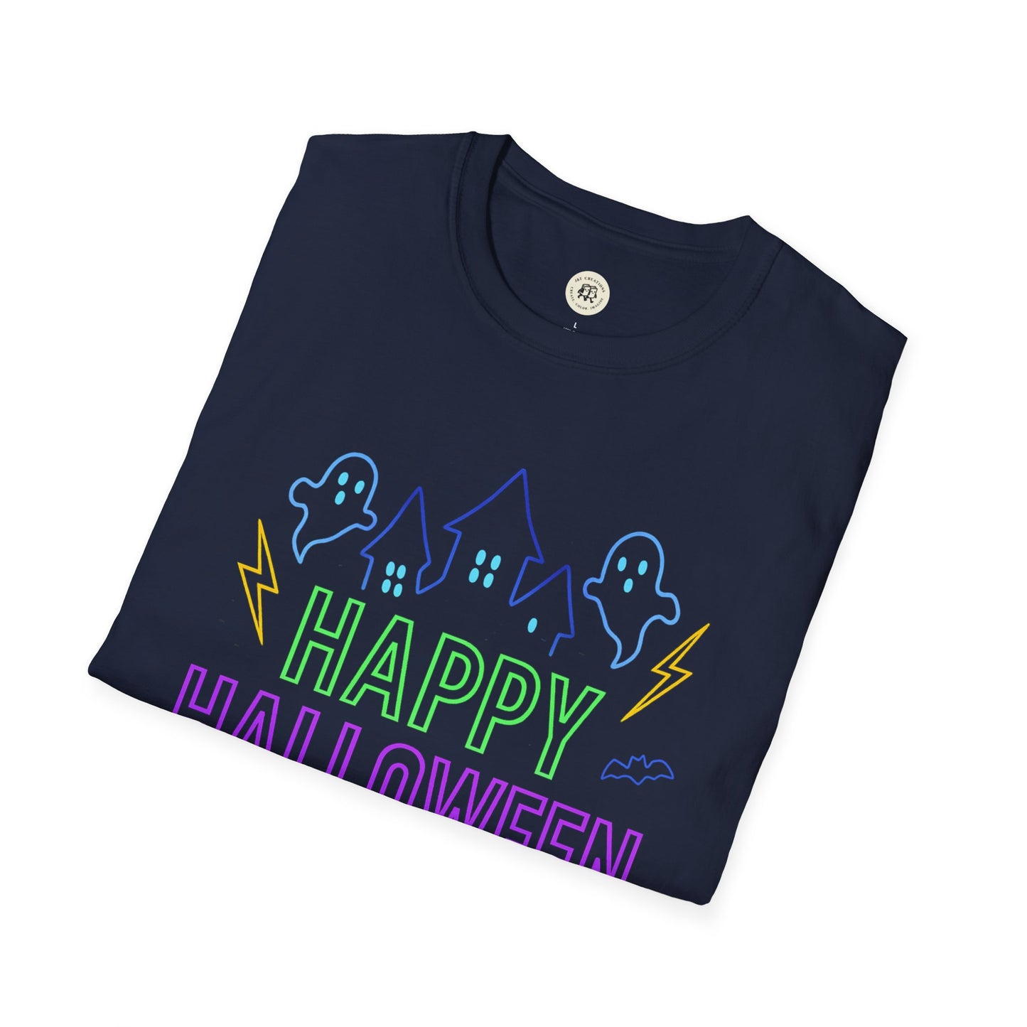 Printify Happy Halloween t-shirt unisex in navy with green and purple spooky ghost and haunted house design