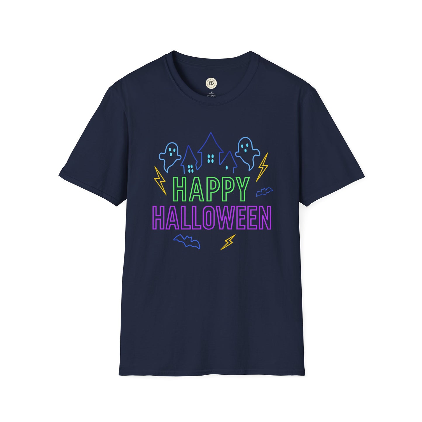 Happy Halloween t-shirt unisex in navy blue with neon ghosts, haunted house, bats, and lightning design