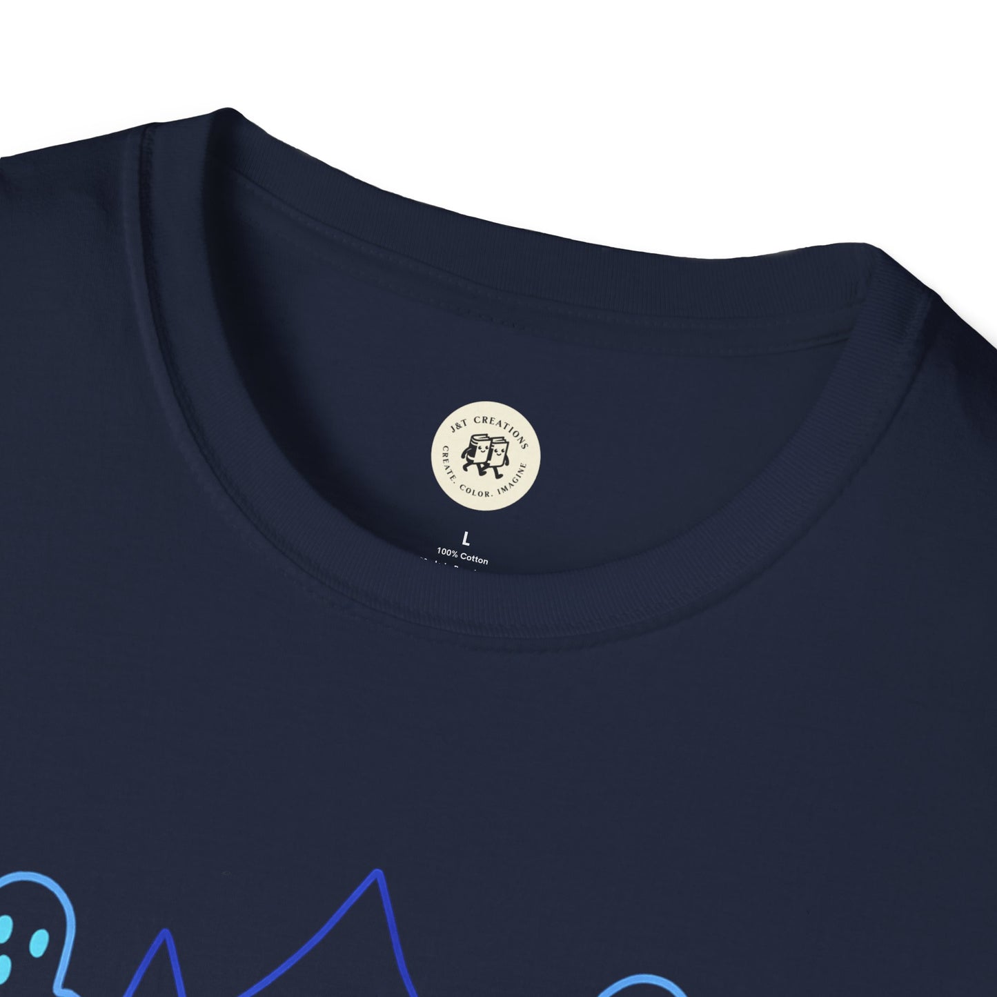 Close-up of navy blue Happy Halloween t-shirt unisex collar and Printify label in size large