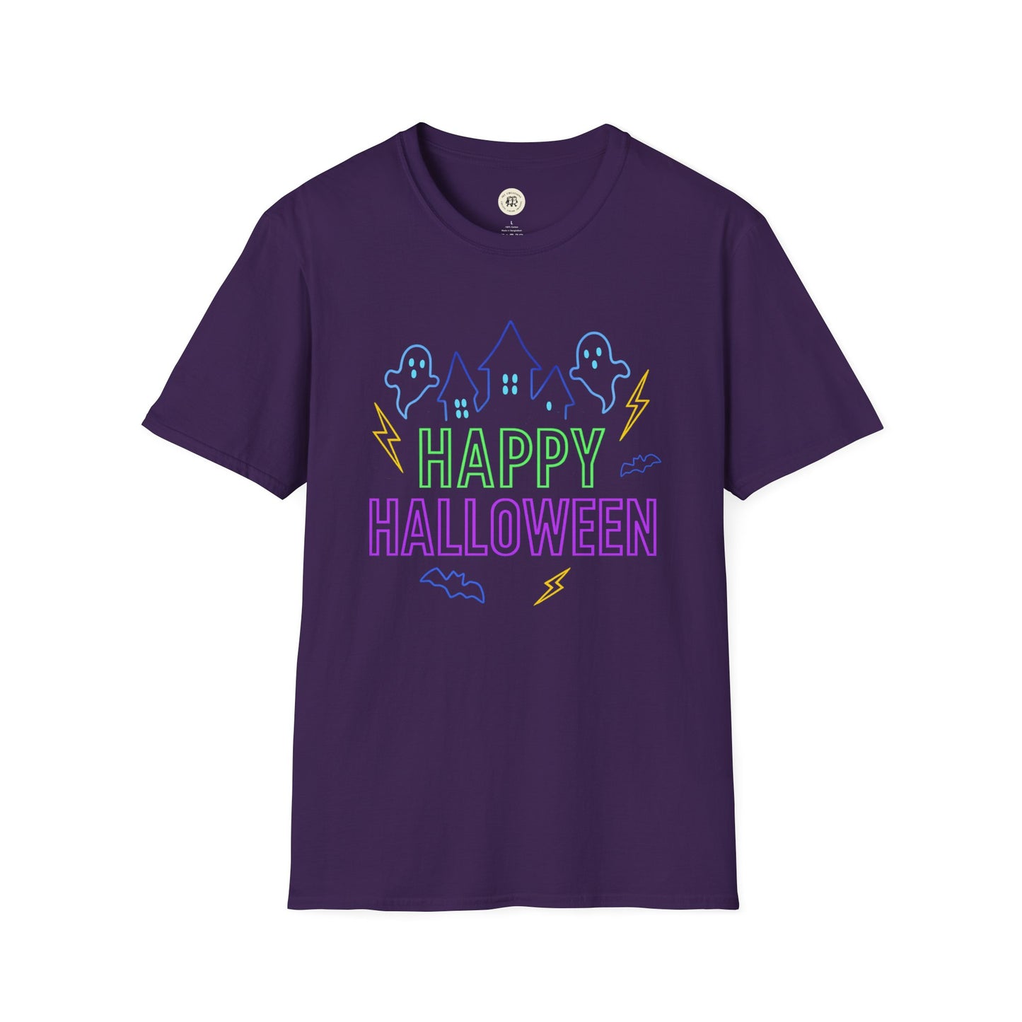 Purple Printify Happy Halloween t-shirt unisex with neon ghost and haunted house design