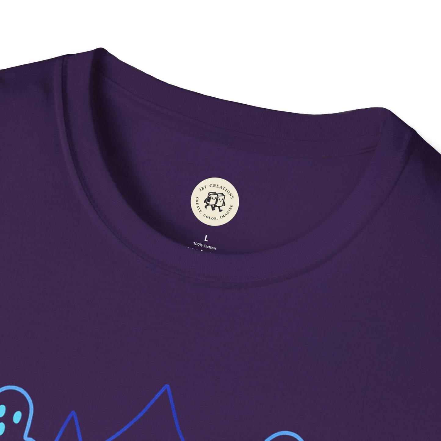 Purple Printify Happy Halloween t-shirt unisex with ghost and bat design close-up neckline