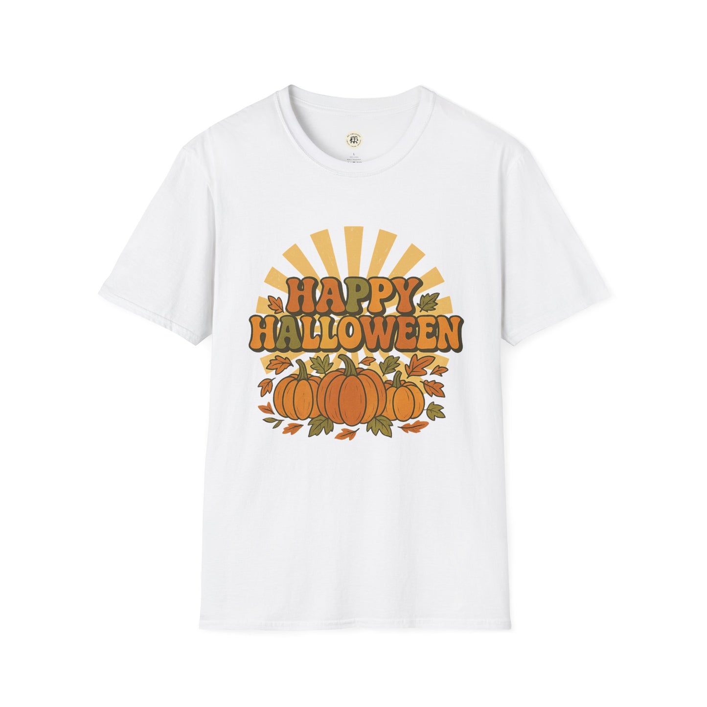 White Printify Happy Halloween t-shirt with pumpkins and autumn leaves graphic design
