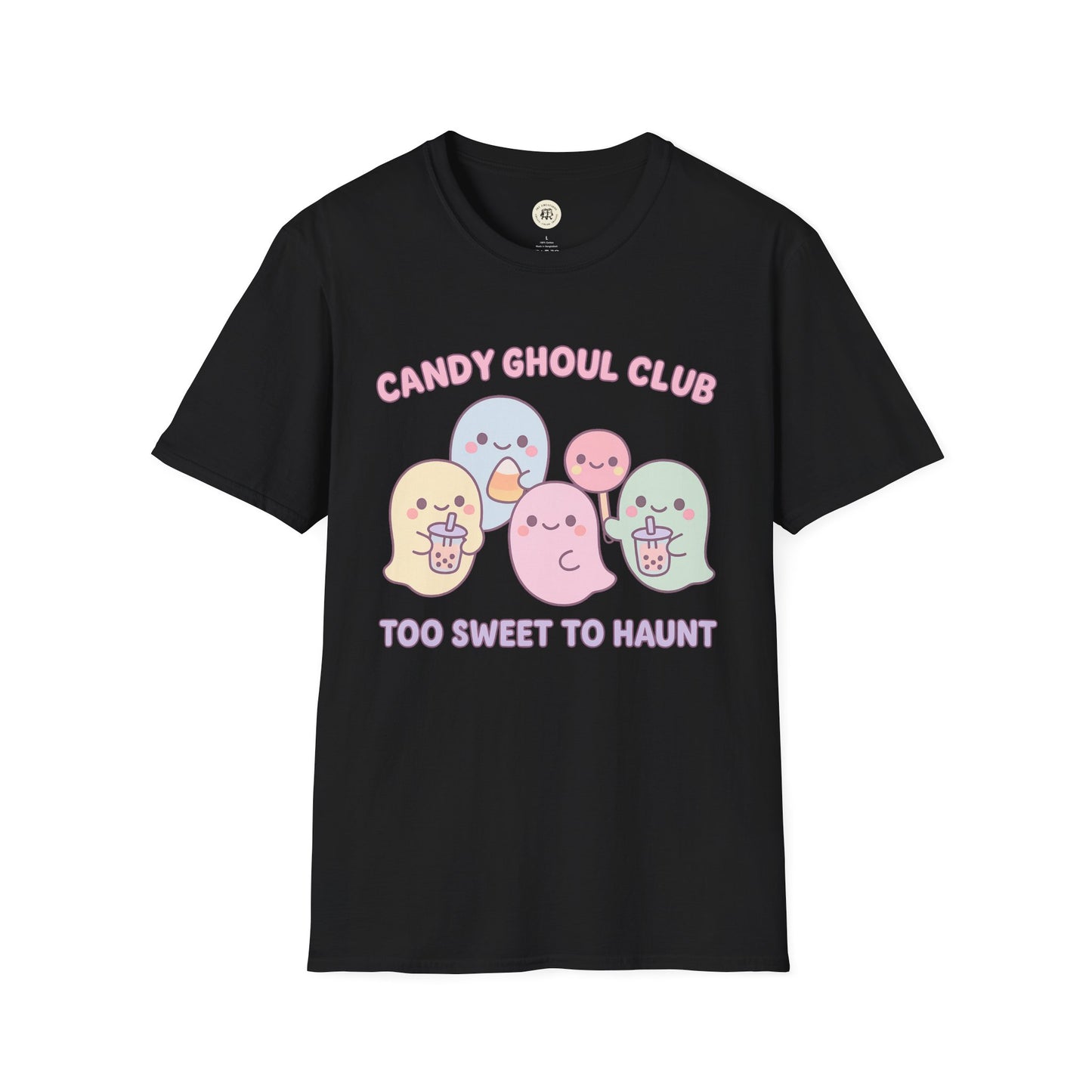 Black Printify kawaii Halloween ghost shirt with pastel ghost characters and Candy Ghoul Club text