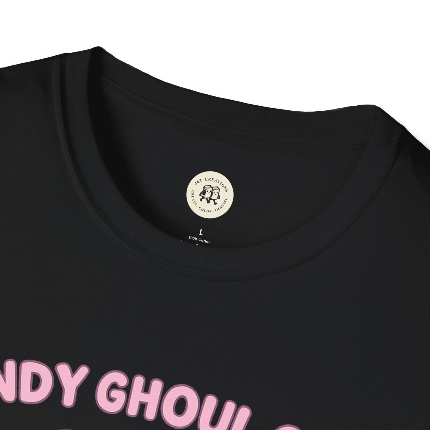 Printify black T-shirt featuring kawaii Halloween ghost shirt design with pink lettering