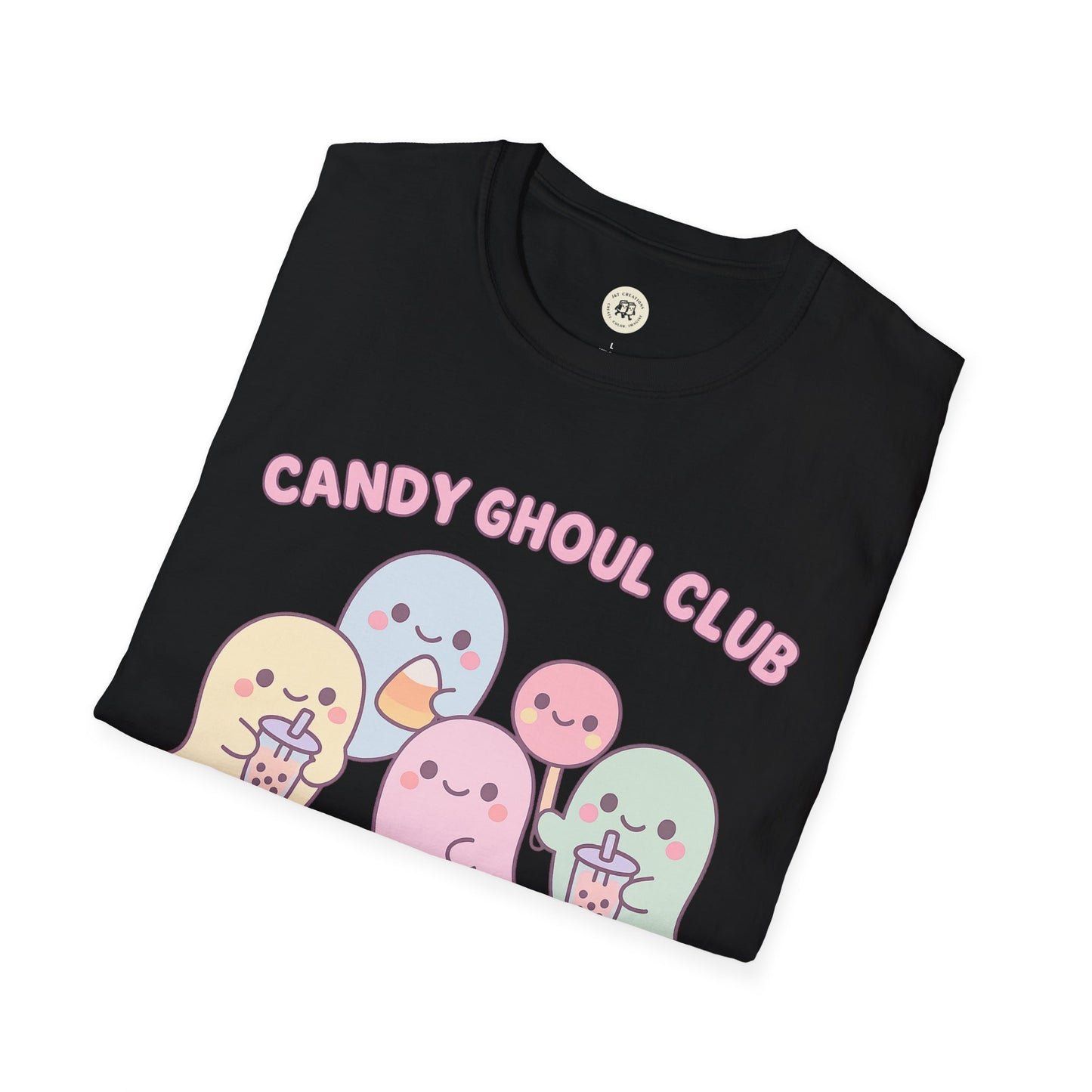 Black kawaii Halloween ghost shirt featuring pastel ghosts holding candy and bubble tea by Printify