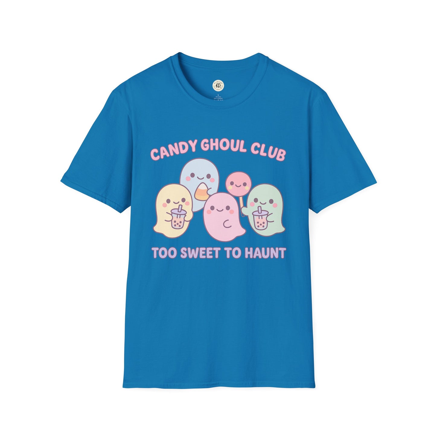 Blue kawaii Halloween ghost shirt with cute pastel ghost characters and candy text