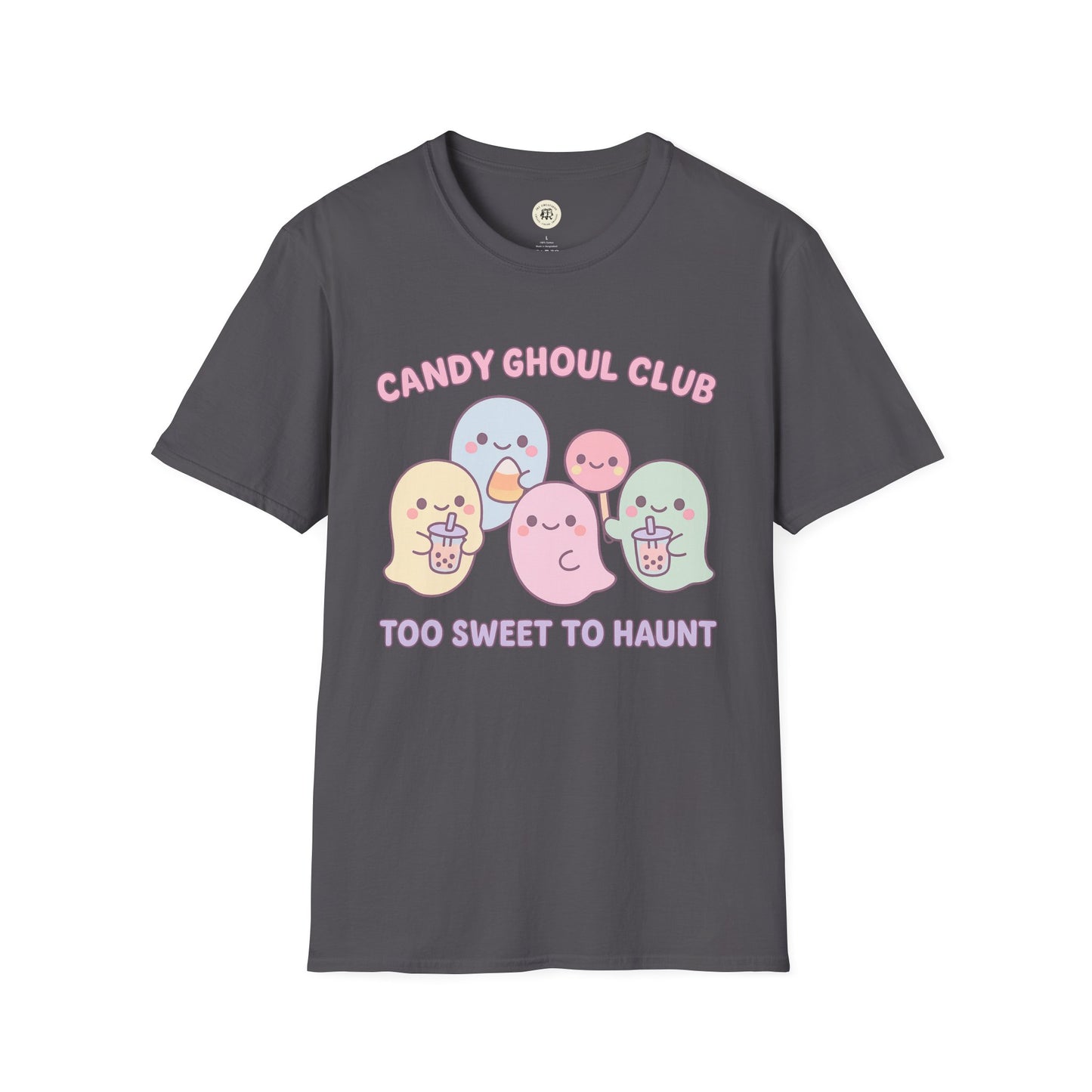 Printify kawaii Halloween ghost shirt featuring pastel ghosts with candy and text candy ghoul club