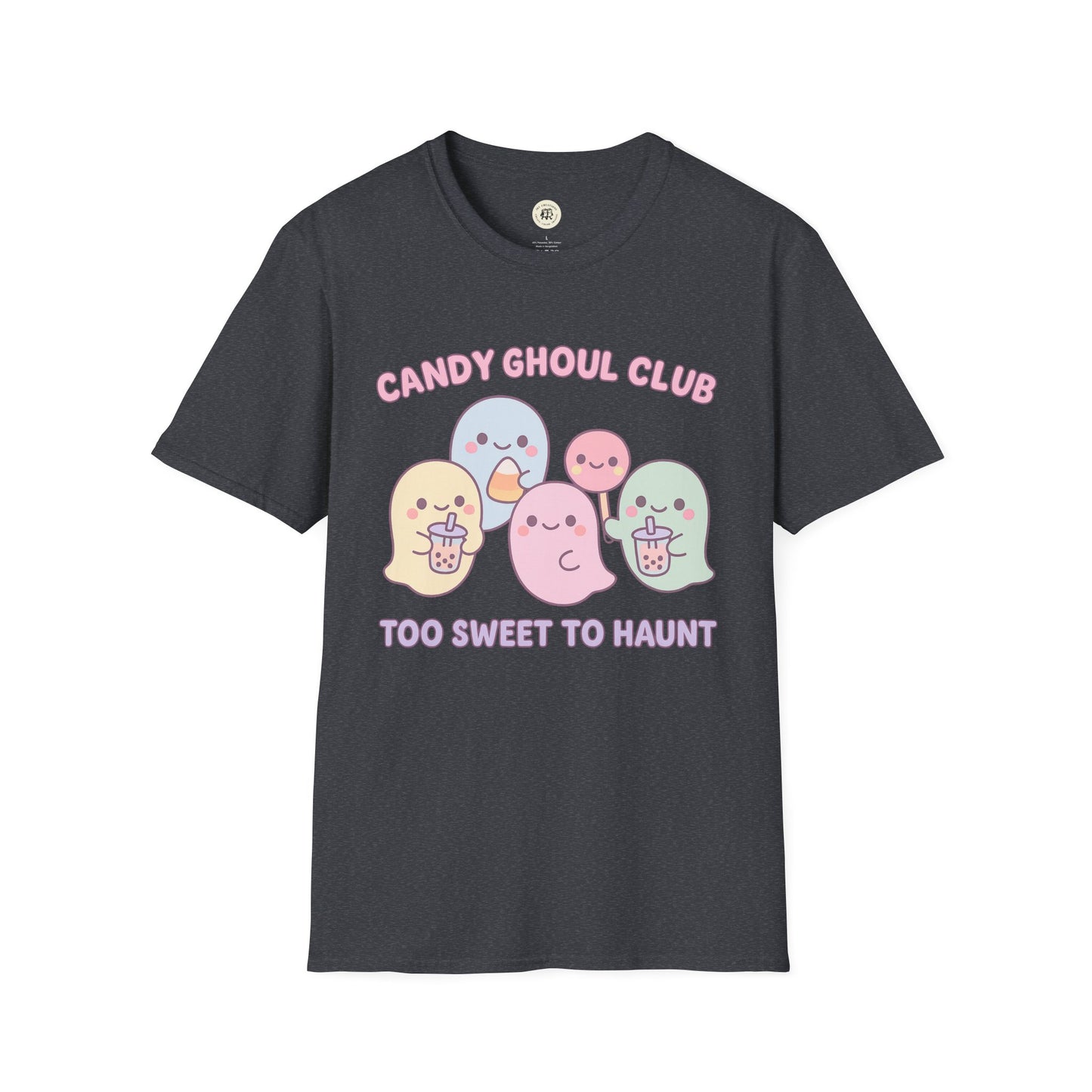 Printify kawaii Halloween ghost shirt with pastel ghosts and candy design on black t-shirt