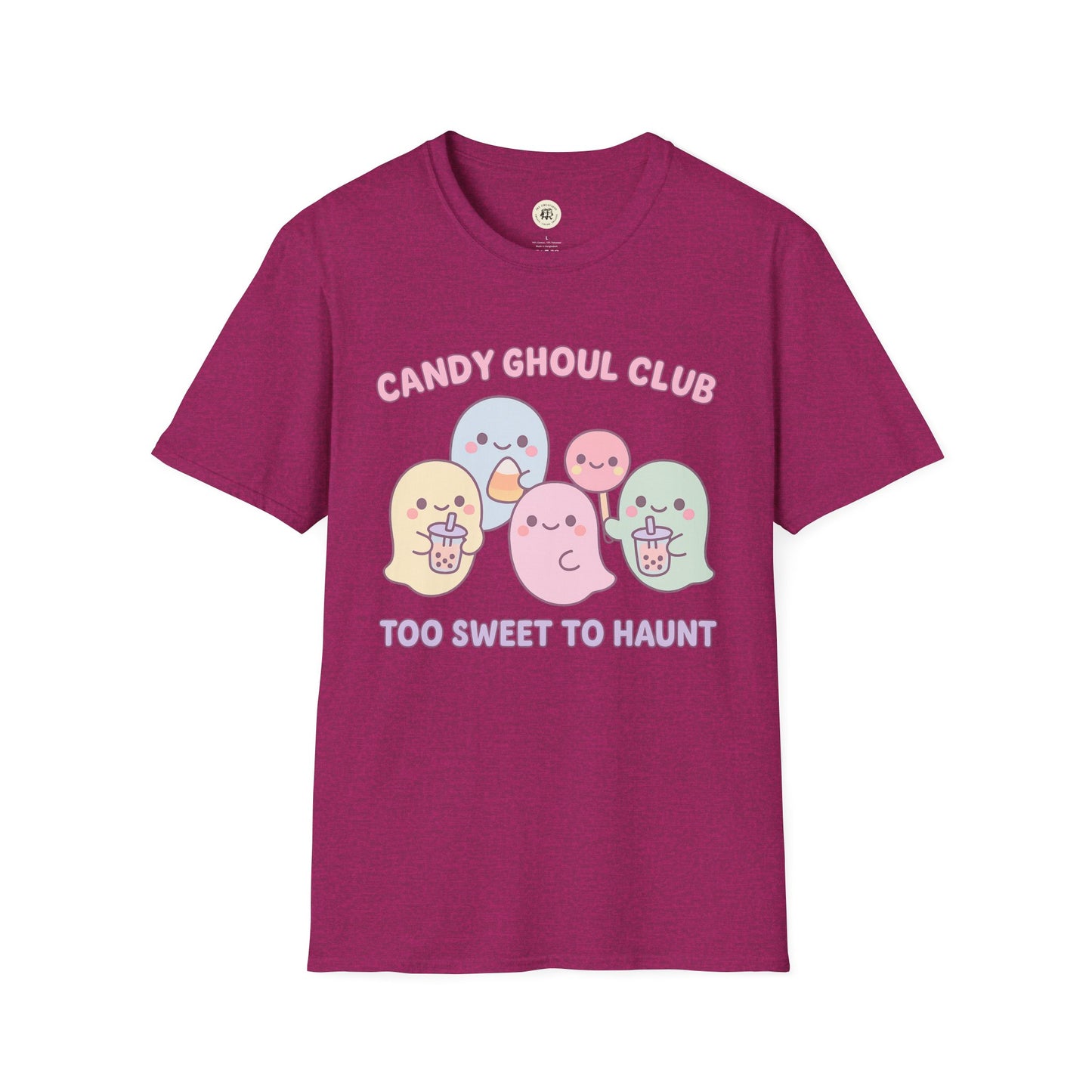 Printify kawaii Halloween ghost shirt featuring cute pastel ghosts with candy on a purple t-shirt