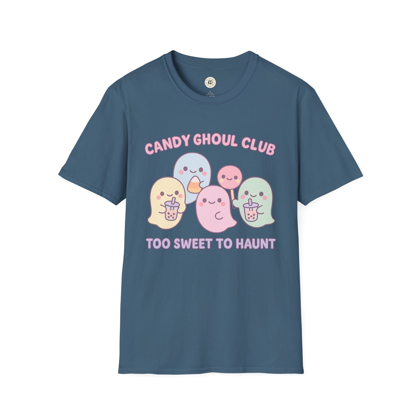 Printify blue kawaii Halloween ghost shirt with pastel ghosts and candy club text