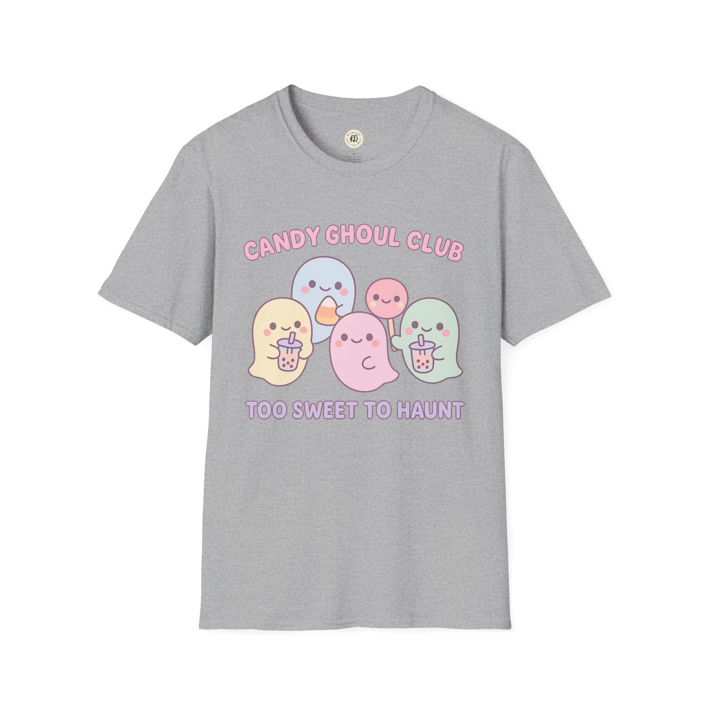 Gray Printify T-Shirt with kawaii Halloween ghost shirt design featuring cute pastel ghosts and candy theme