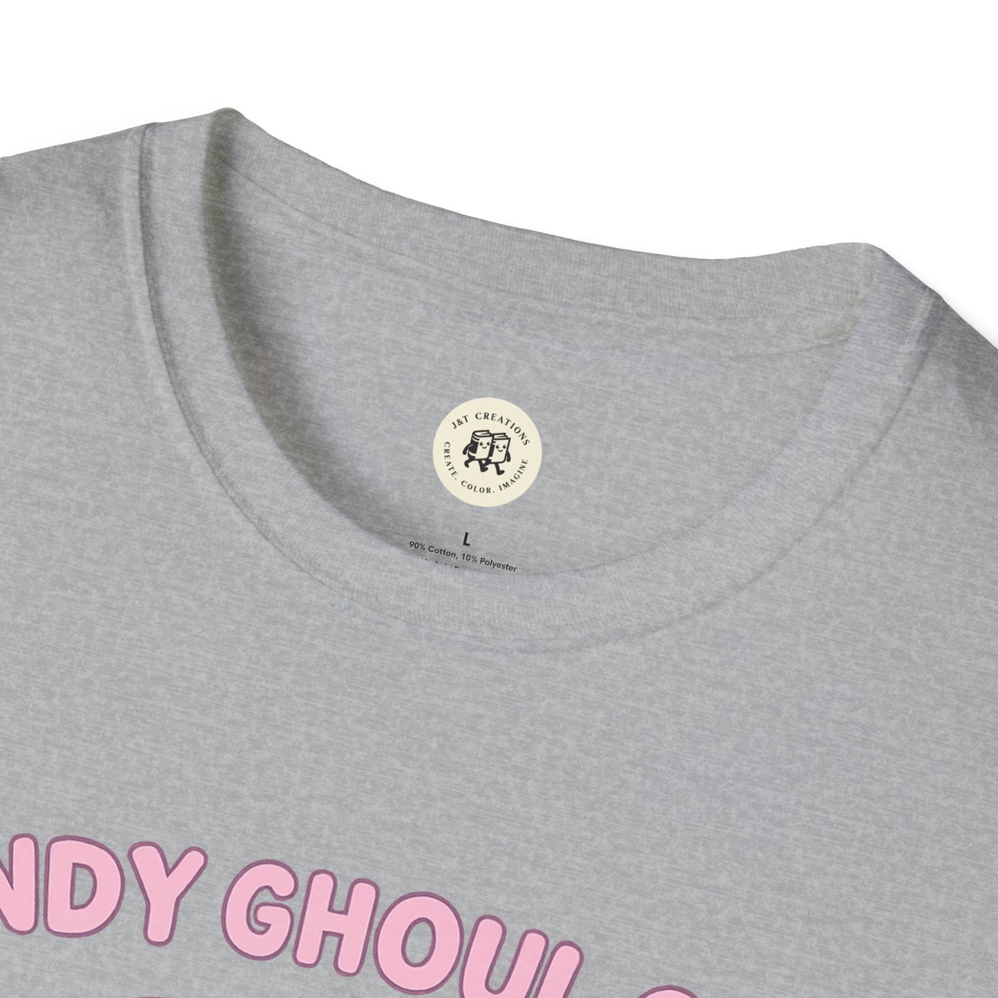 Gray Printify t-shirt with kawaii Halloween ghost shirt design in pink letters on front