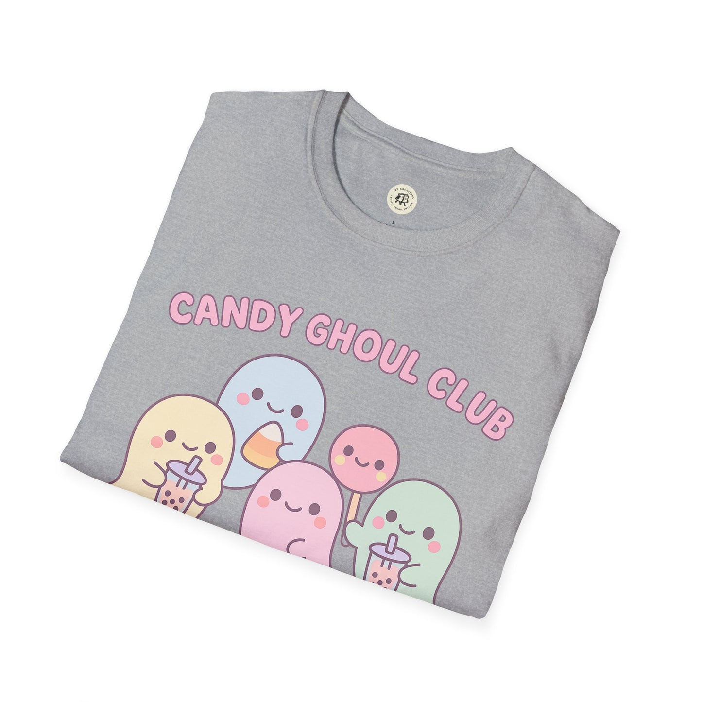 Gray kawaii Halloween ghost shirt with pastel ghosts holding candy and bubble tea from Printify