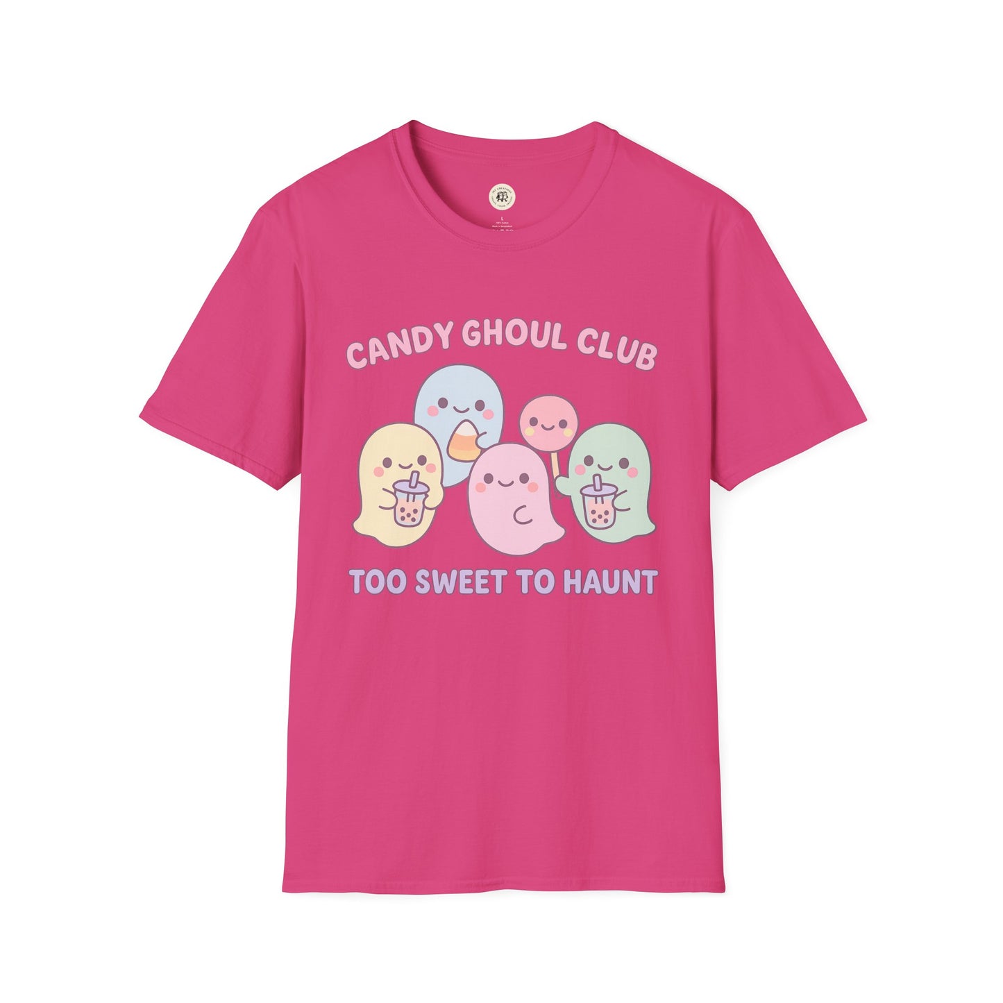 Pink kawaii Halloween ghost shirt with cute pastel ghosts and candy design by Printify