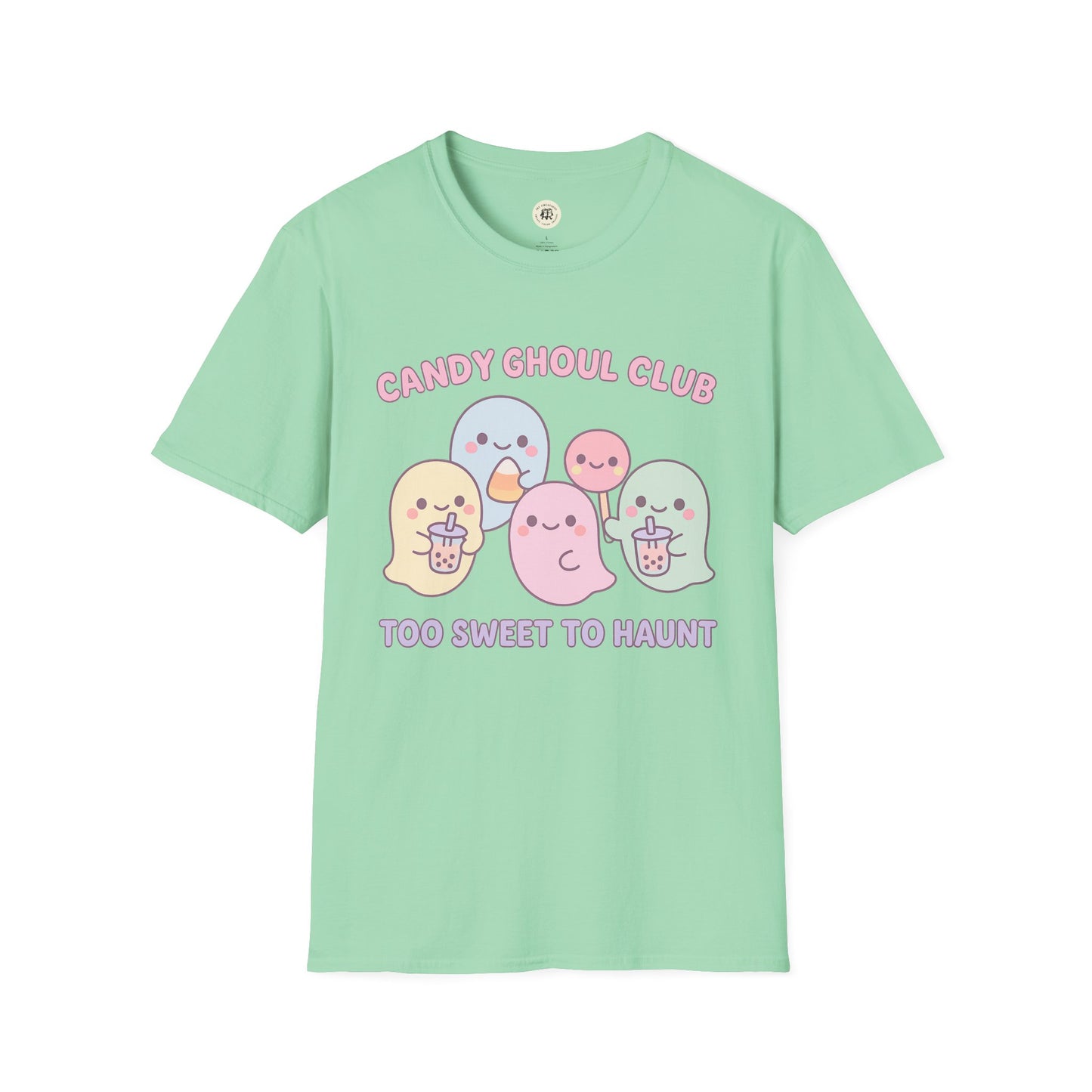 Mint green Printify kawaii Halloween ghost shirt with pastel ghosts and candy design