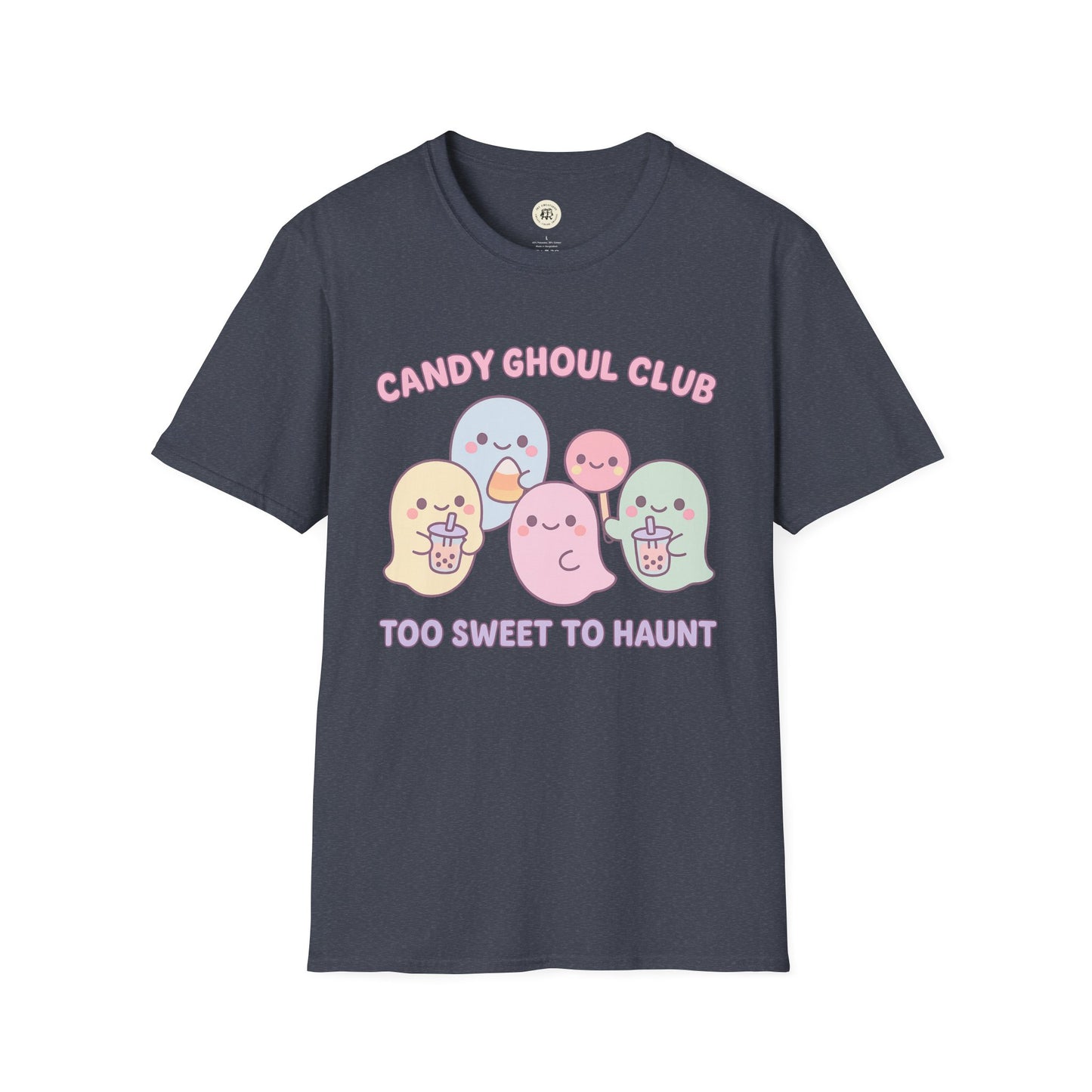 Printify kawaii Halloween ghost shirt with pastel ghosts and Candy Ghoul Club text in pink