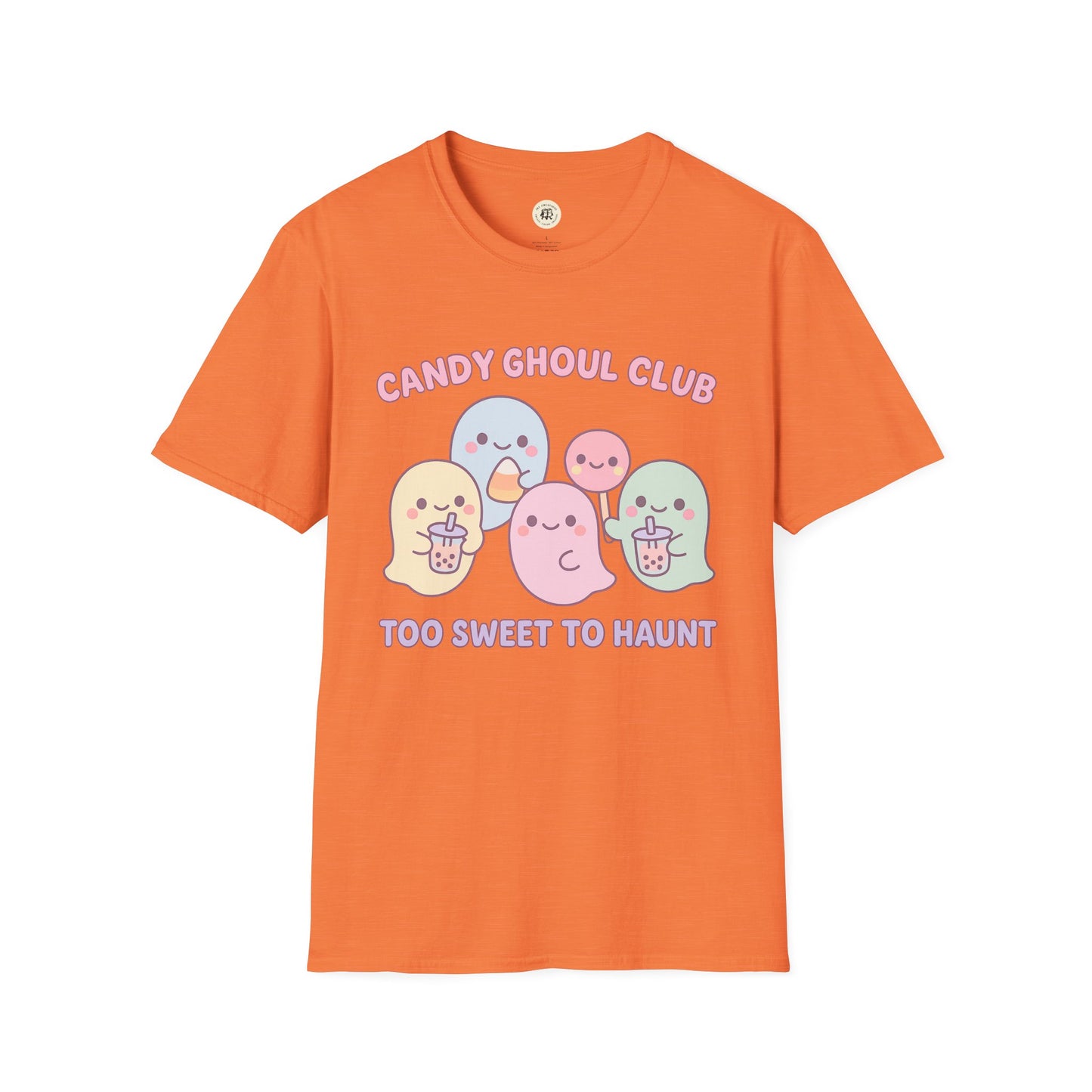 Orange Printify t-shirt with kawaii Halloween ghost shirt design featuring cute pastel ghosts and candy theme