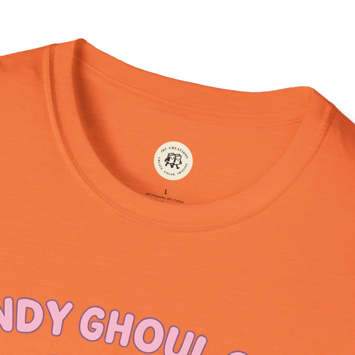 Orange Printify T-Shirt featuring kawaii Halloween ghost shirt design with pastel pink text