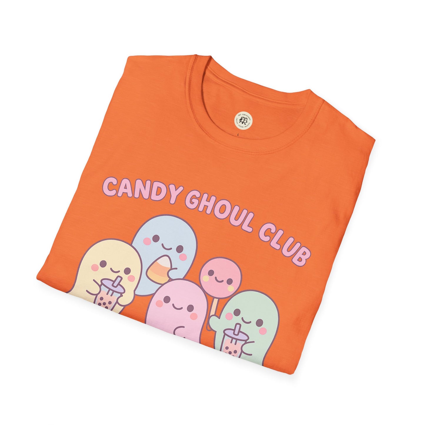Orange Printify T-Shirt featuring kawaii Halloween ghost shirt design with pastel ghost characters and candy