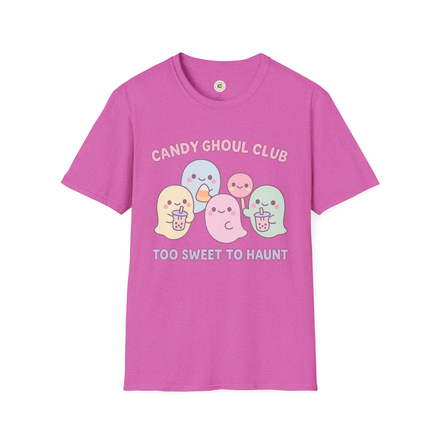 Printify pink kawaii Halloween ghost shirt with cute pastel ghosts and Candy Ghoul Club text