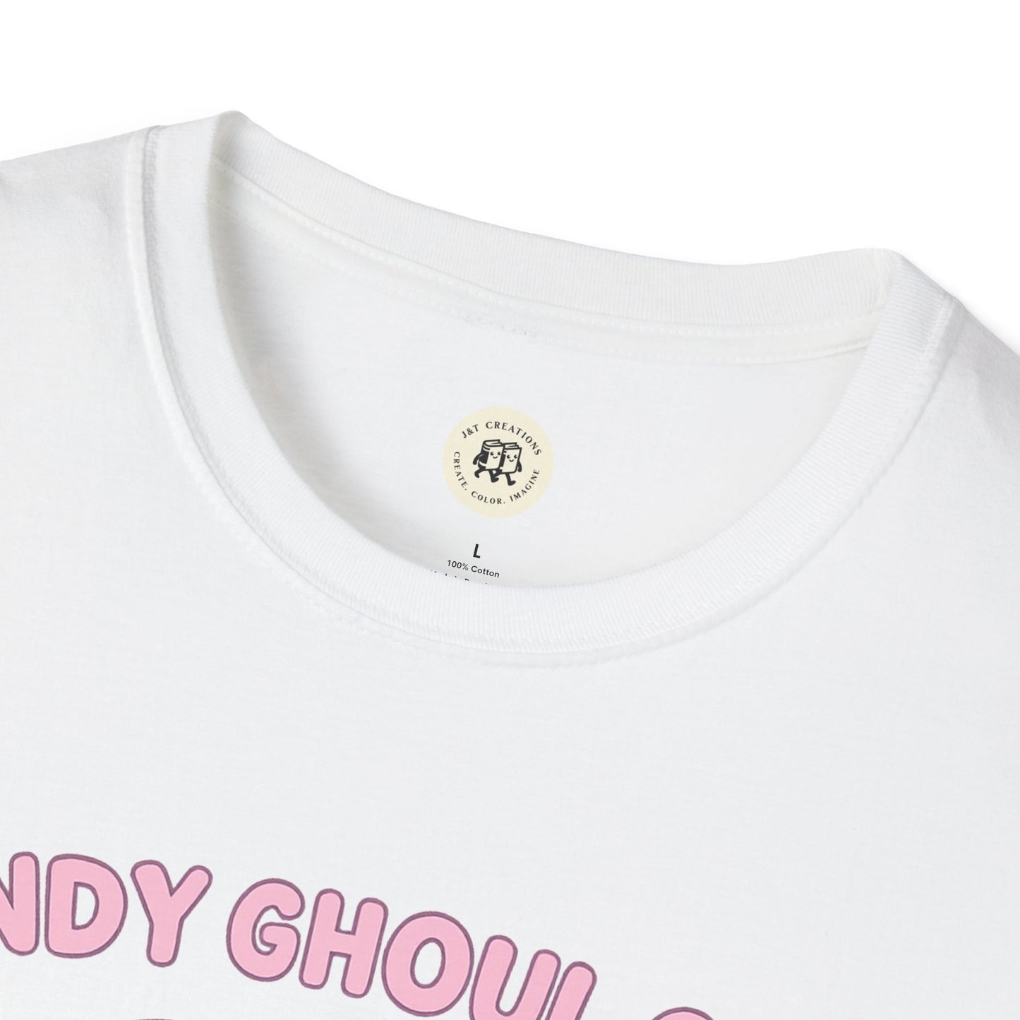 White Printify T-Shirt featuring kawaii Halloween ghost shirt design with pink text and crew neckline
