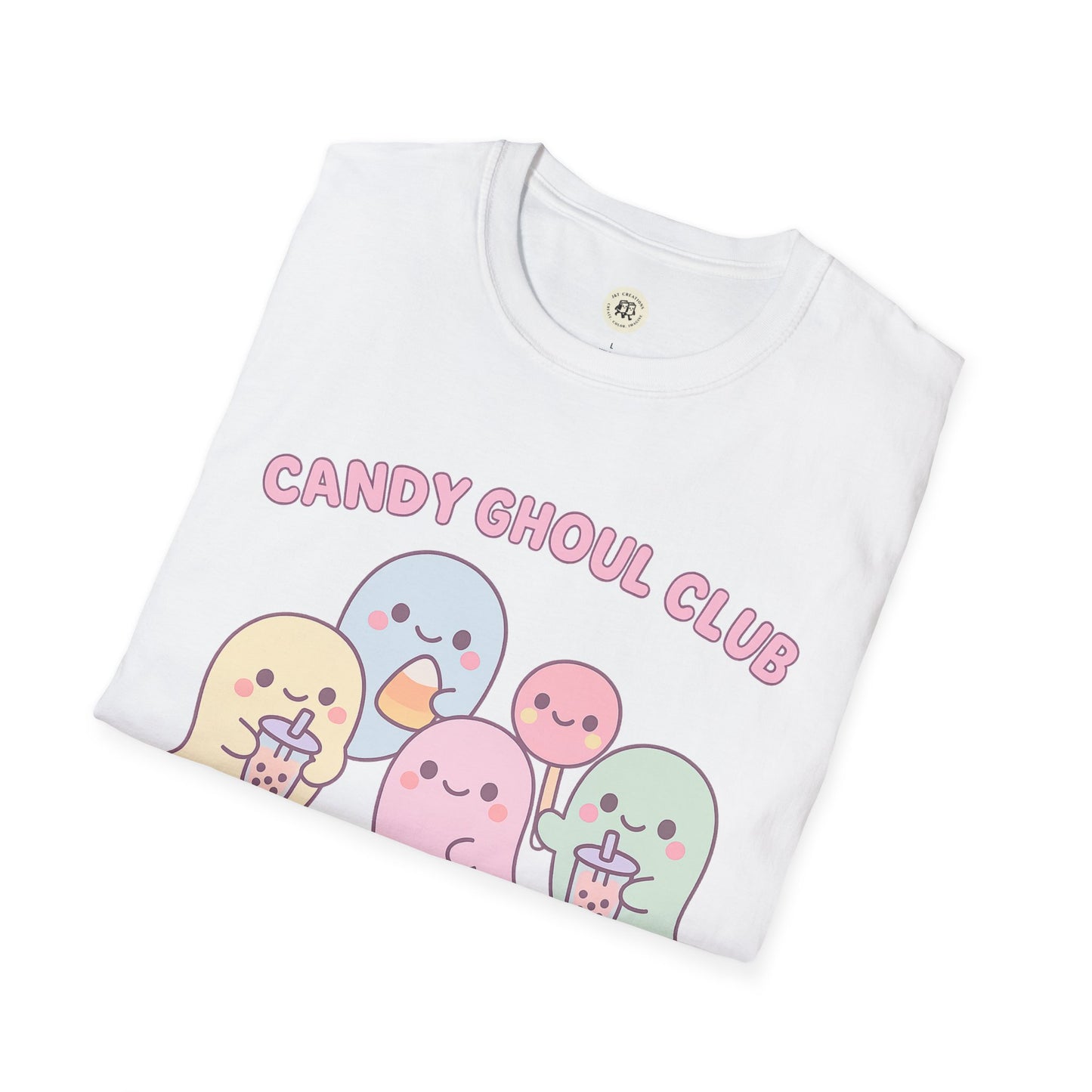 Printify kawaii Halloween ghost shirt white t-shirt with pastel cartoon ghosts and Candy Ghoul Club text