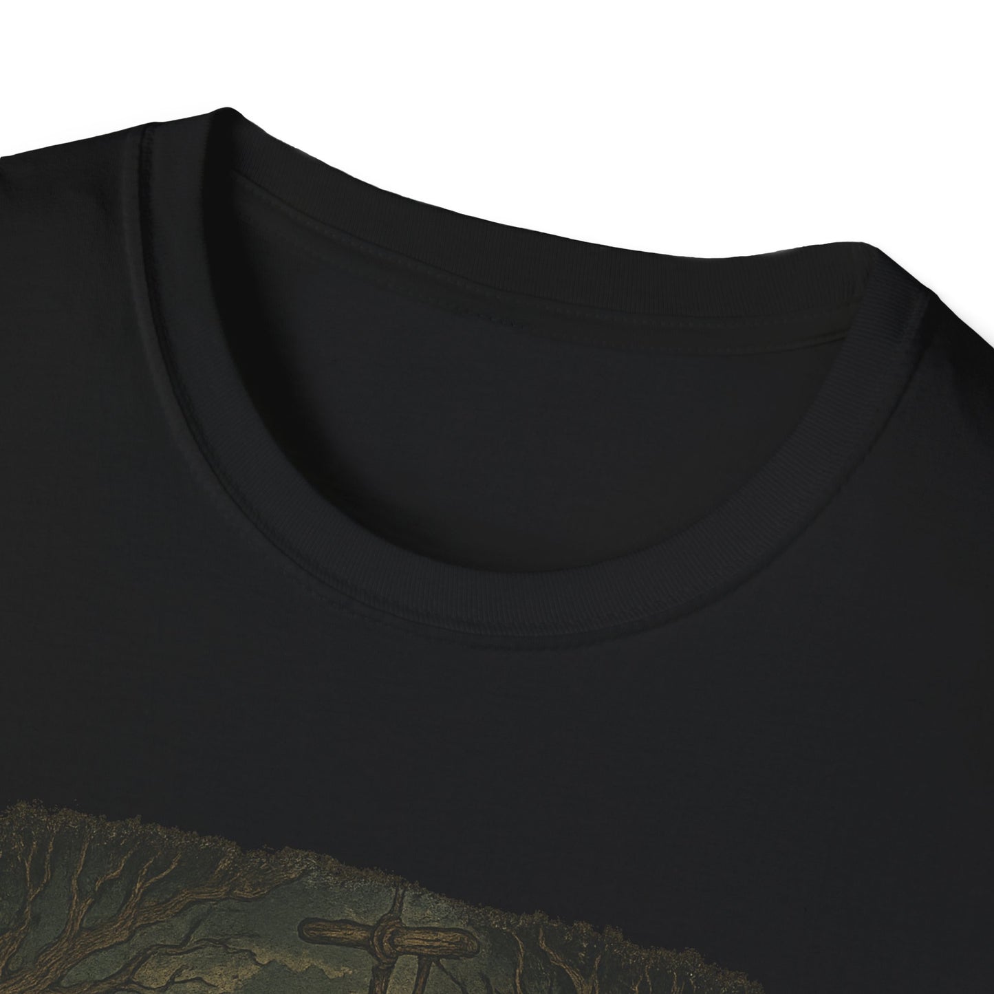 Black Printify haunted huck finn t-shirt featuring detailed spooky graphic design on soft fabric