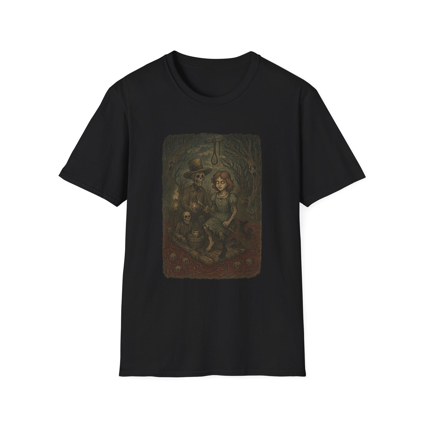 Black haunted huck finn t-shirt by Printify featuring spooky Huck Finn and skeletons in eerie forest design