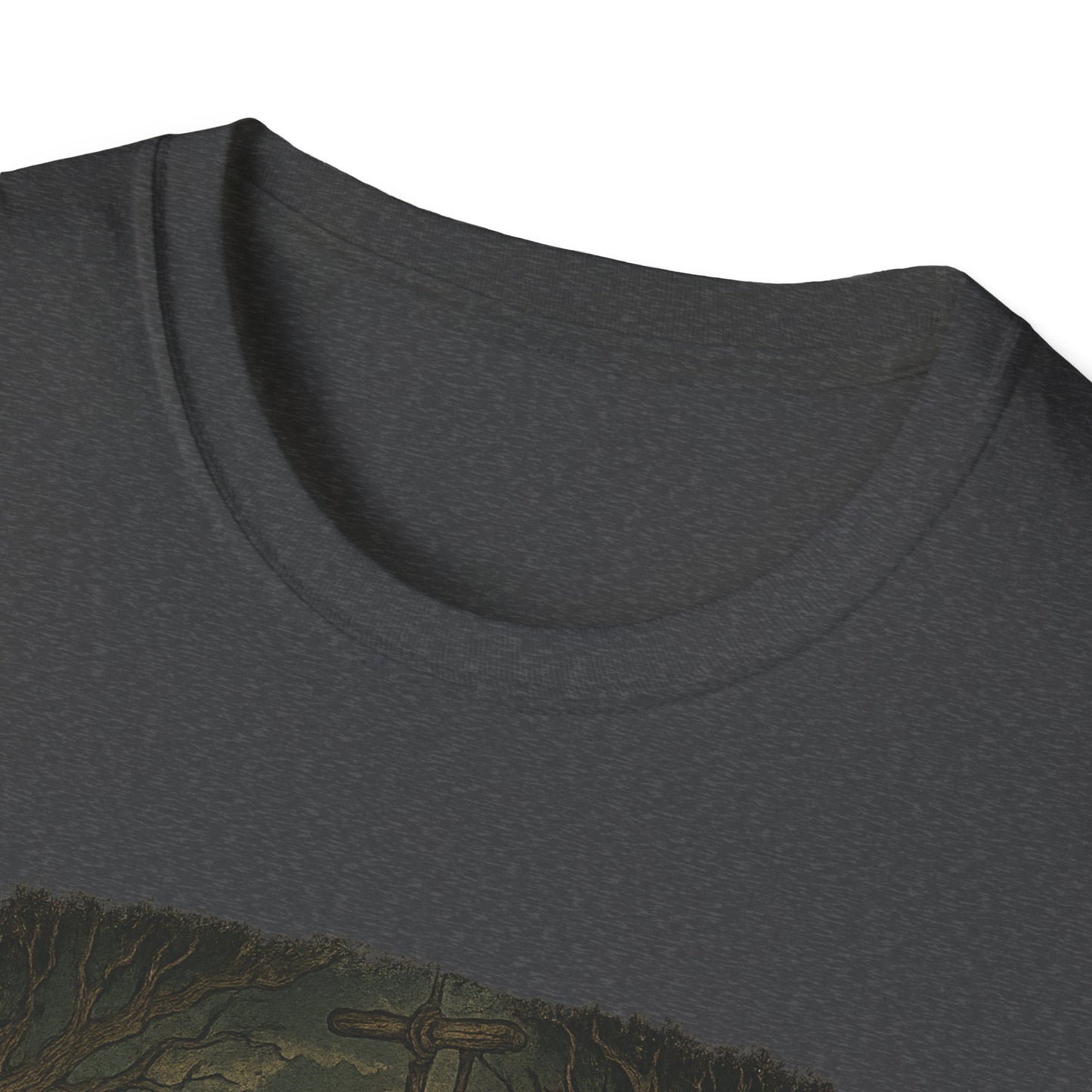Close-up of dark gray Printify t-shirt collar for haunted huck finn t-shirt design