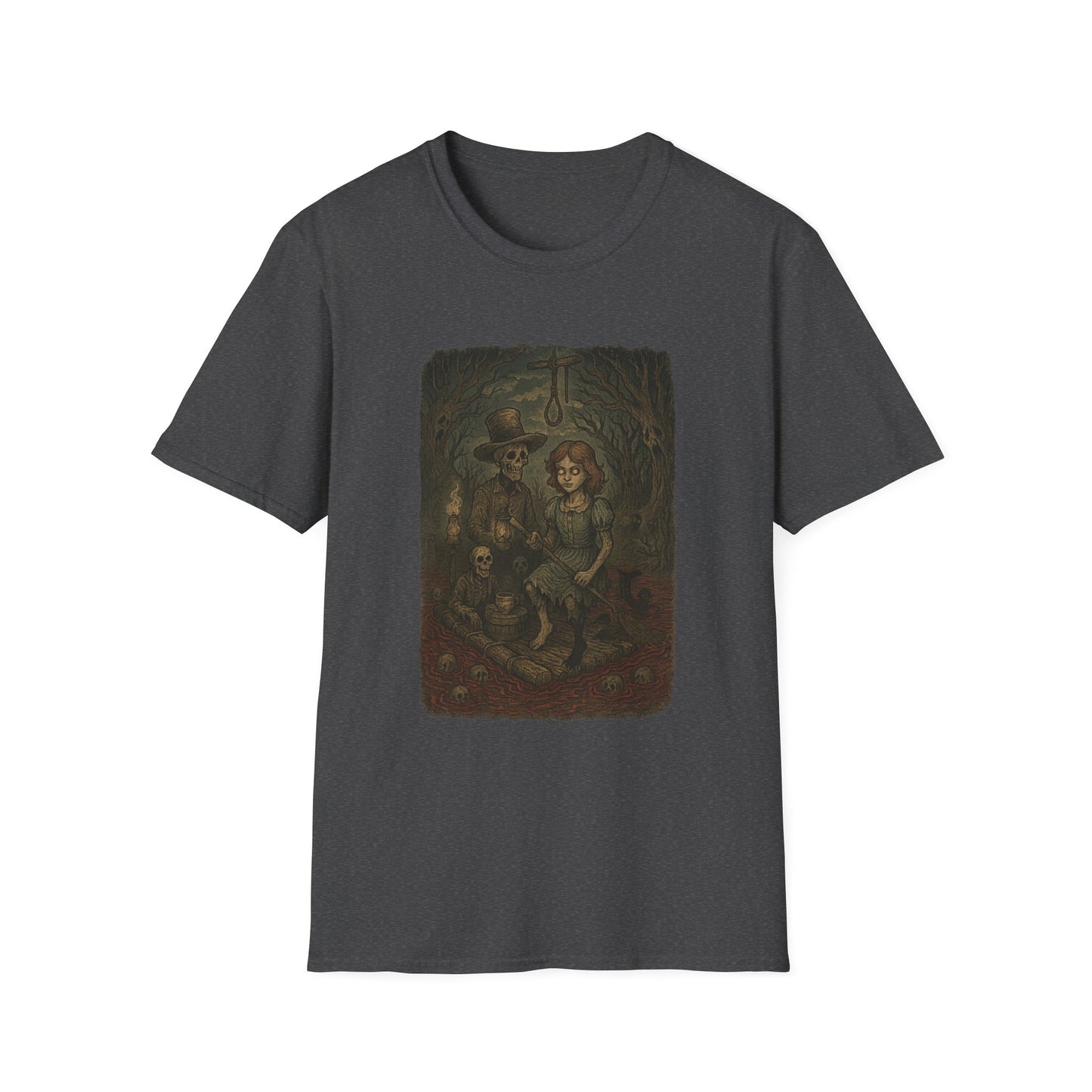 Dark gray haunted huck finn t-shirt featuring spooky Huck Finn and skeletons in eerie forest scene