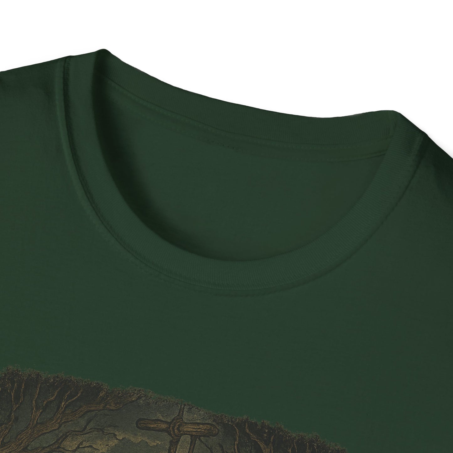 Dark green Printify haunted huck finn t-shirt featuring a spooky design near the collar
