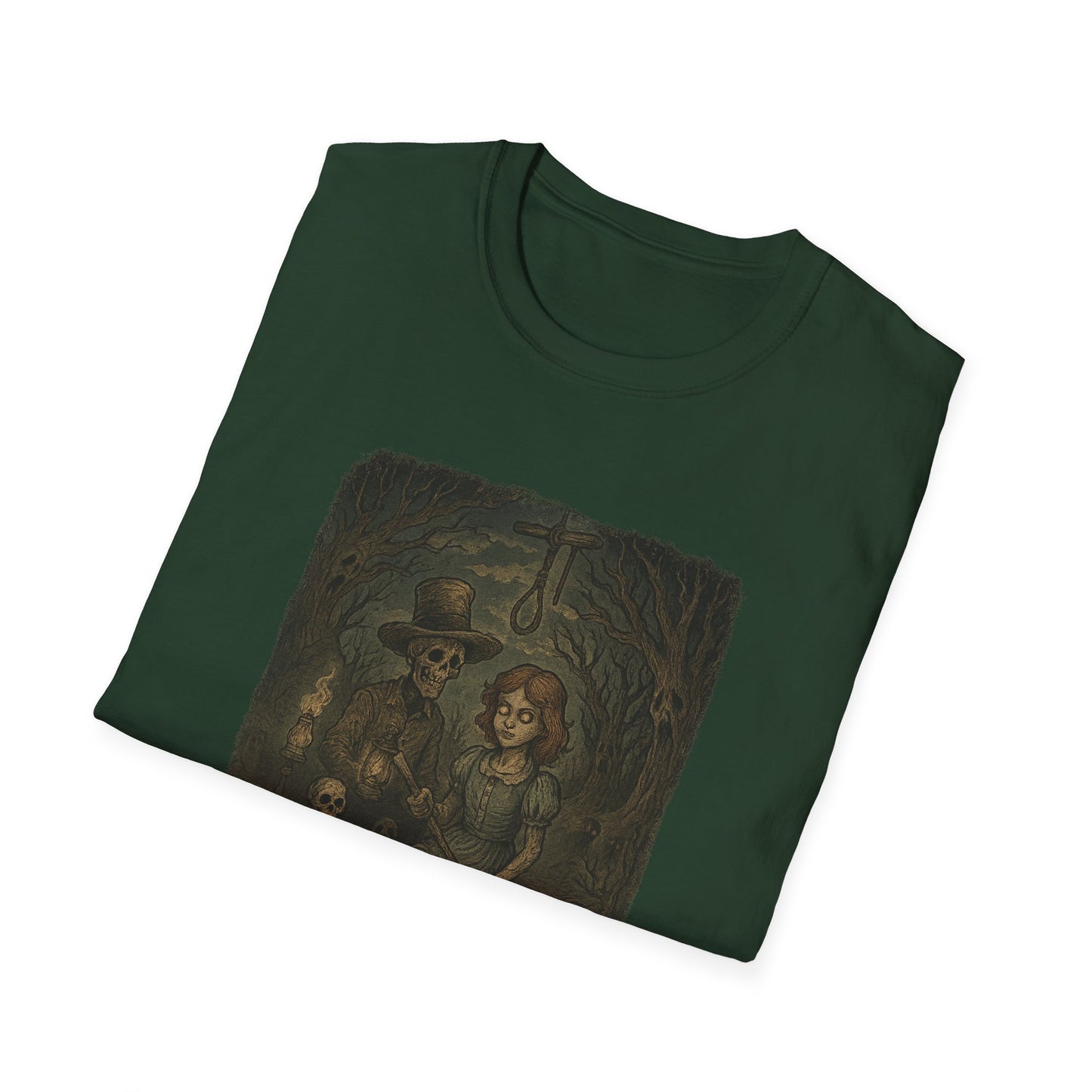 Printify dark green haunted huck finn t-shirt with spooky skeleton and girl forest illustration