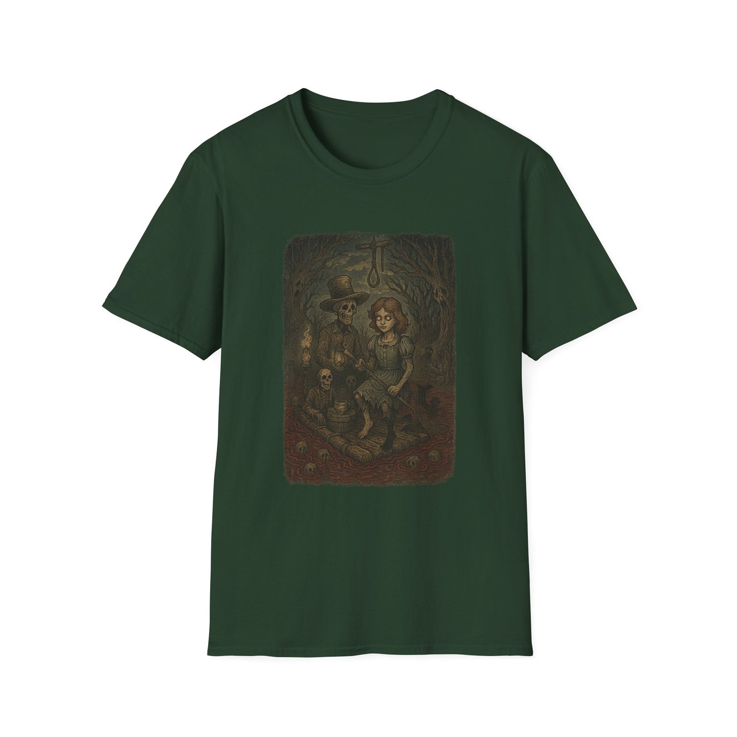 Dark green haunted huck finn t-shirt with spooky vintage illustration of characters in eerie forest
