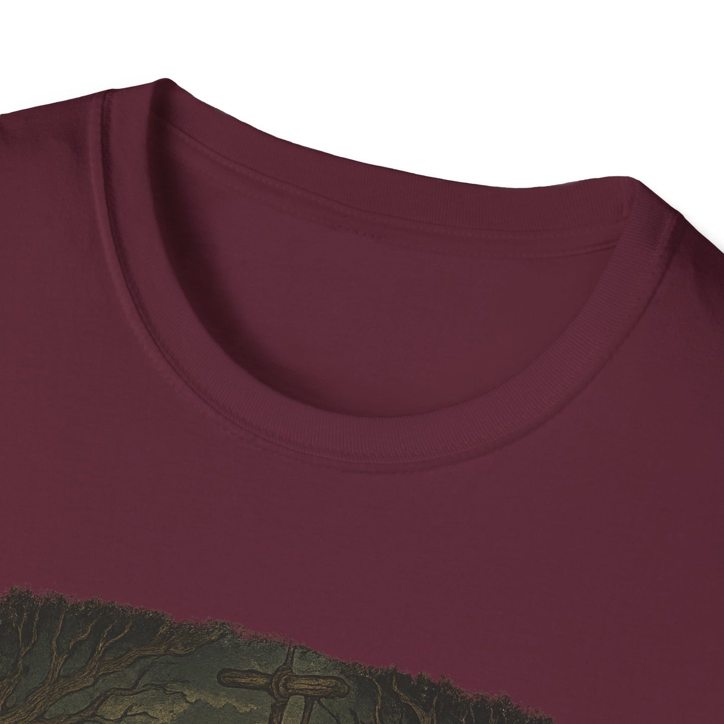 Close-up of maroon haunted huck finn t-shirt collar and upper chest print by Printify